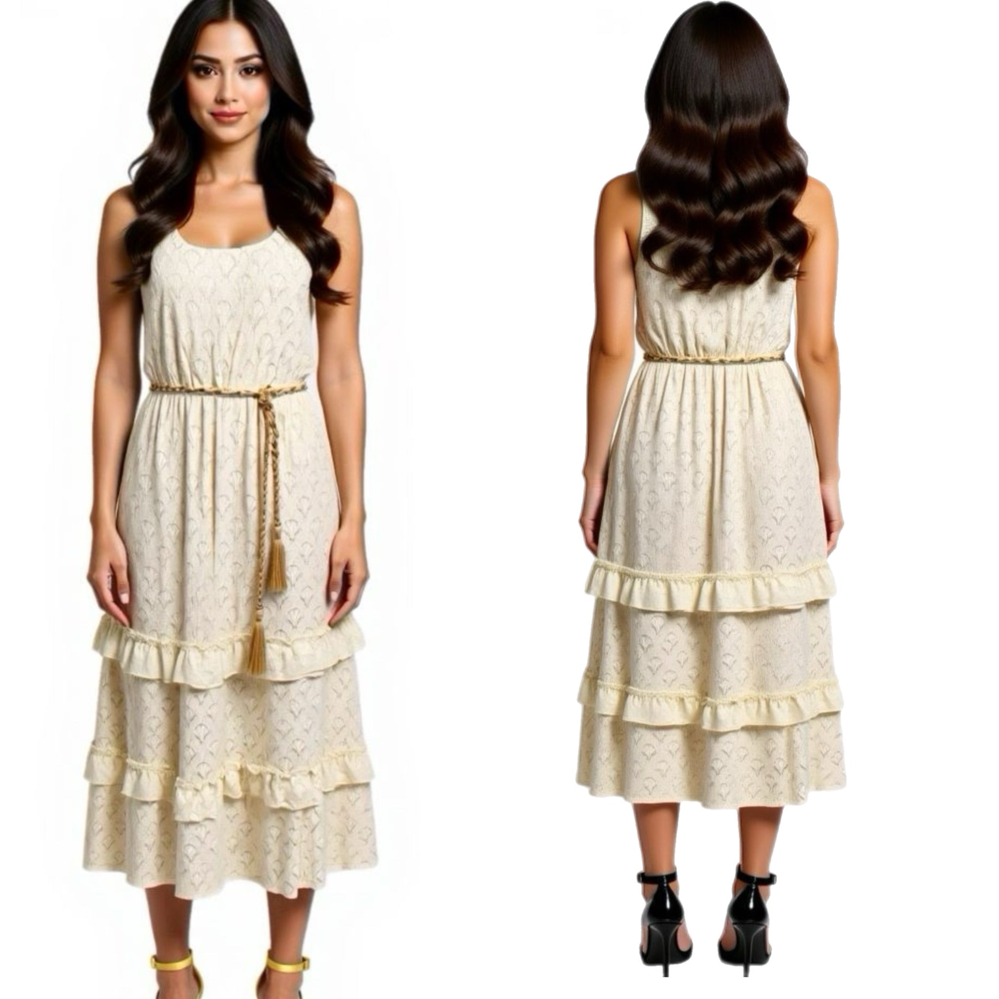 KATE AND LILY Women’s Lace Boho Daydream Midi Dress Sleeveless Cream Ruffle