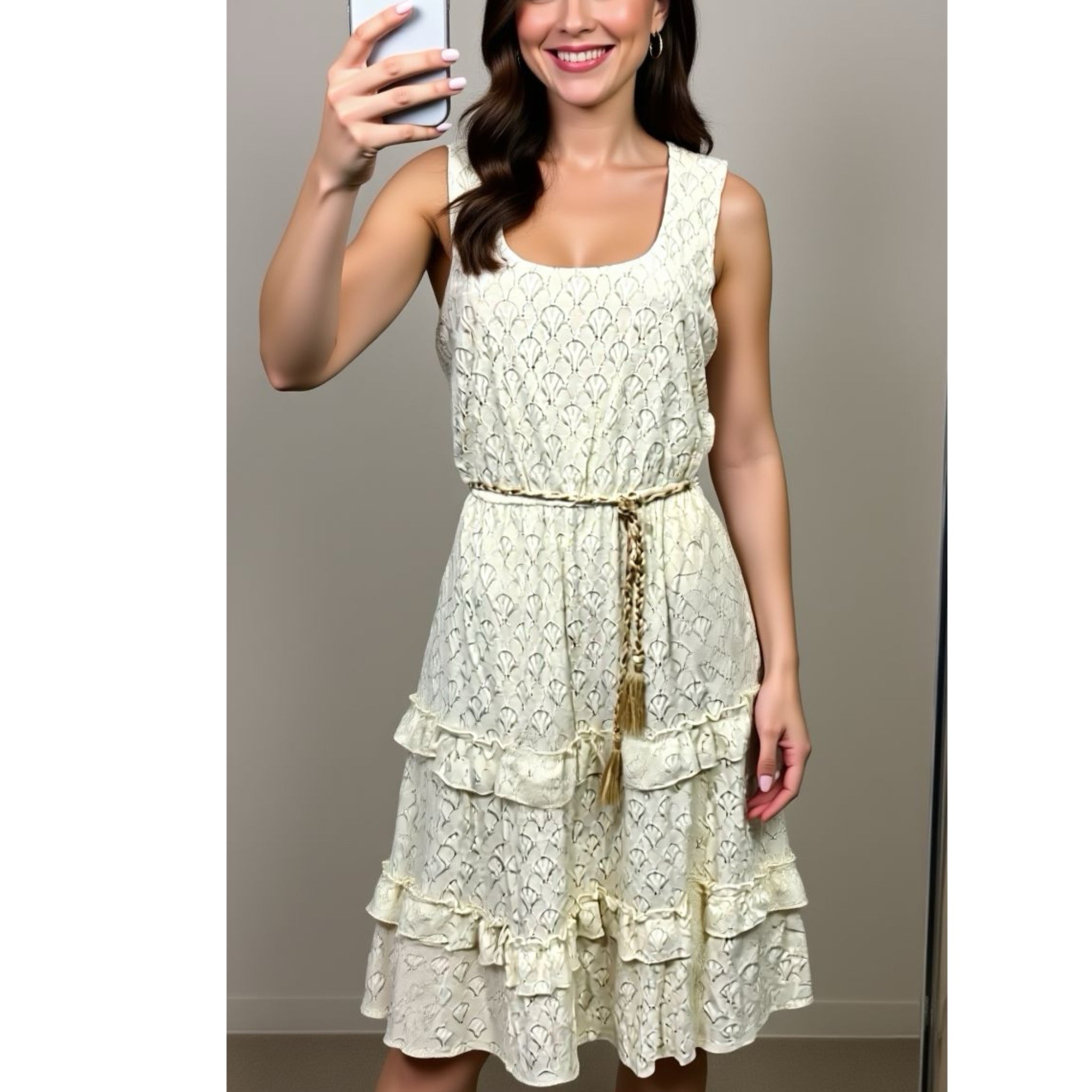 KATE AND LILY Women’s Lace Boho Daydream Midi Dress Sleeveless Cream Ruffle