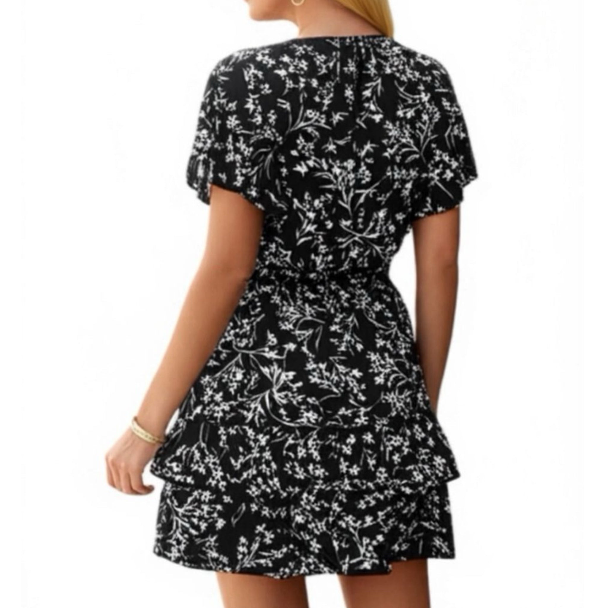 KATE & LILY Navy Floral Ruffle Dress Women’s Short Sleeve Button Front