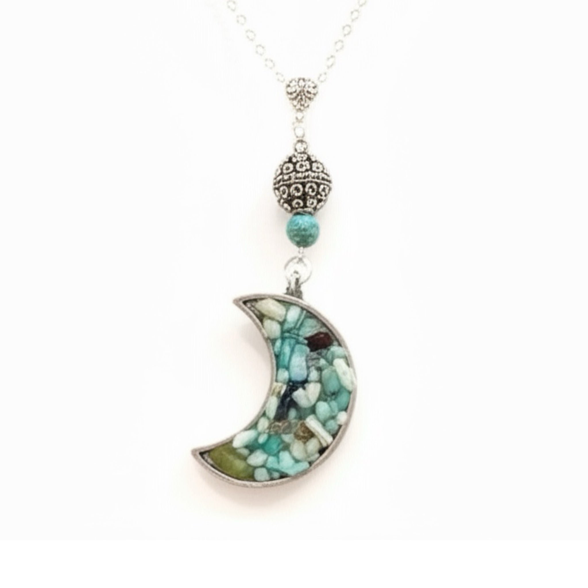 Green Aventurine Gemstone Chip in Resin Moon Necklace