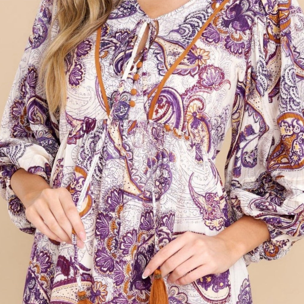 BAND OF THE FREE Purple Paisley Long Sleeve Mini Dress Boho Aesthetic