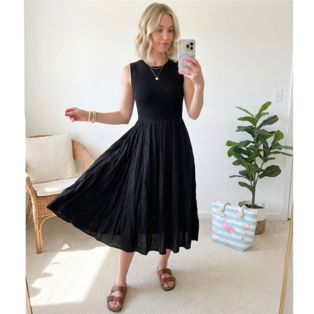 La Miel Mixed Media Tank Dress Ribbed Bodice Fit & Flare in Black