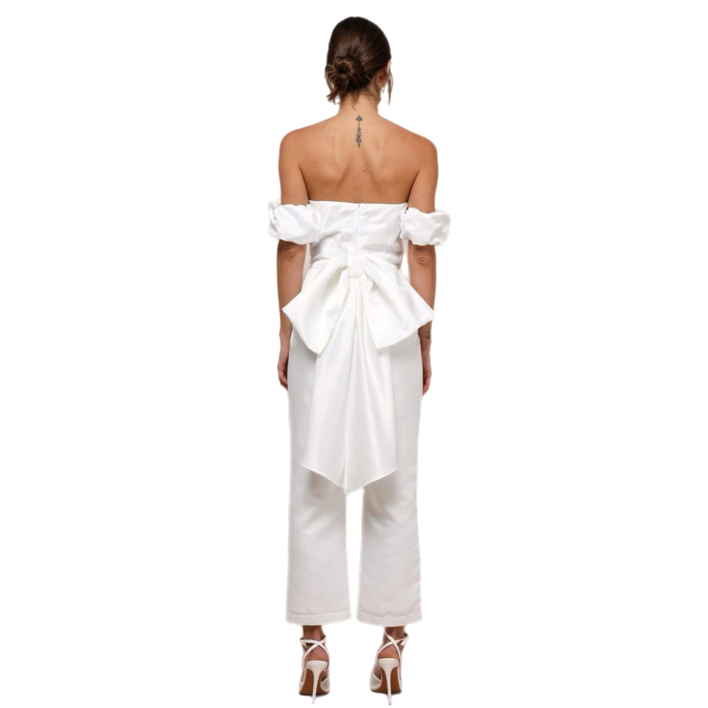 Lulus White Satin Jumpsuit Women’s Off Shoulder Vogue Chic Big Bow