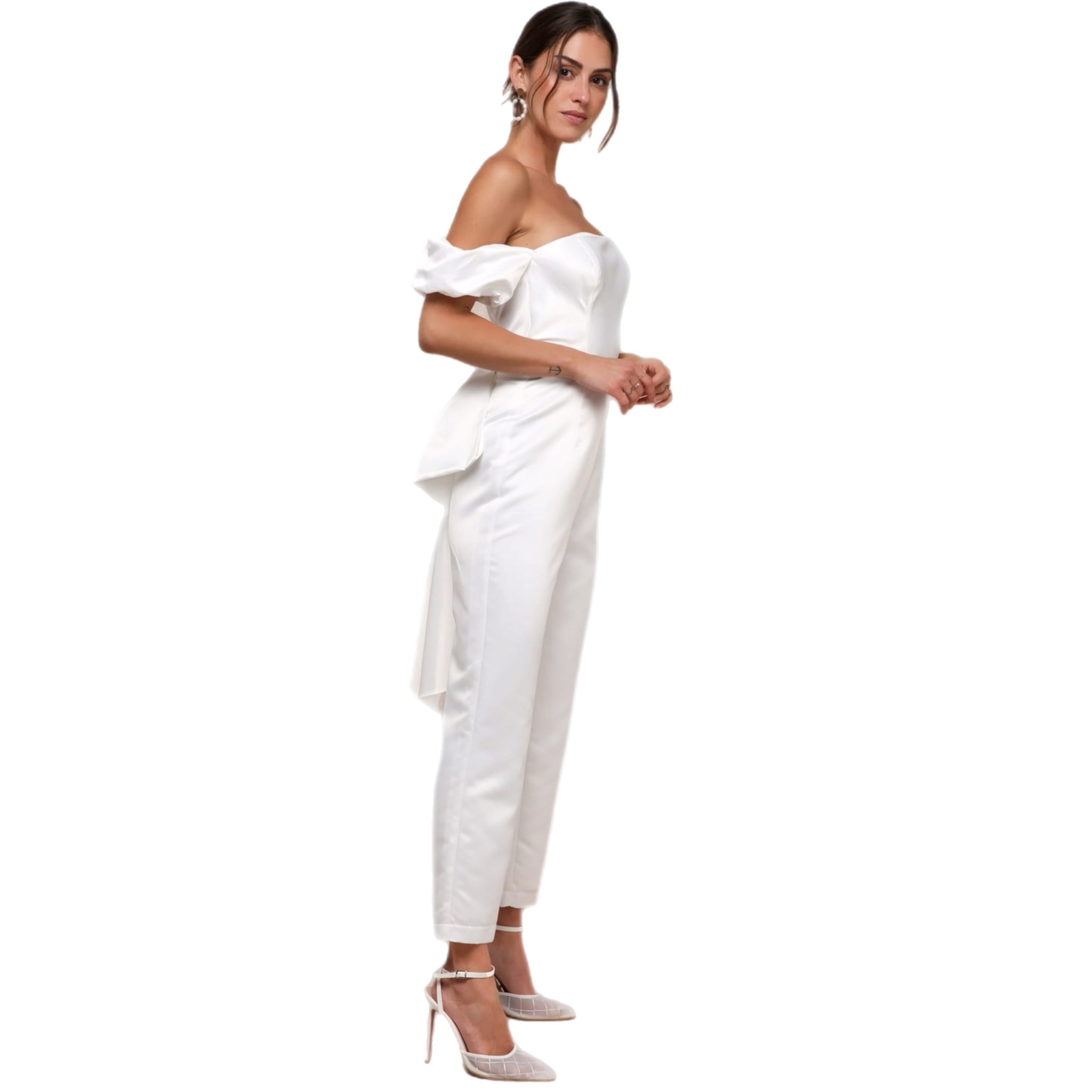 Lulus White Satin Jumpsuit Women’s Off Shoulder Vogue Chic Big Bow