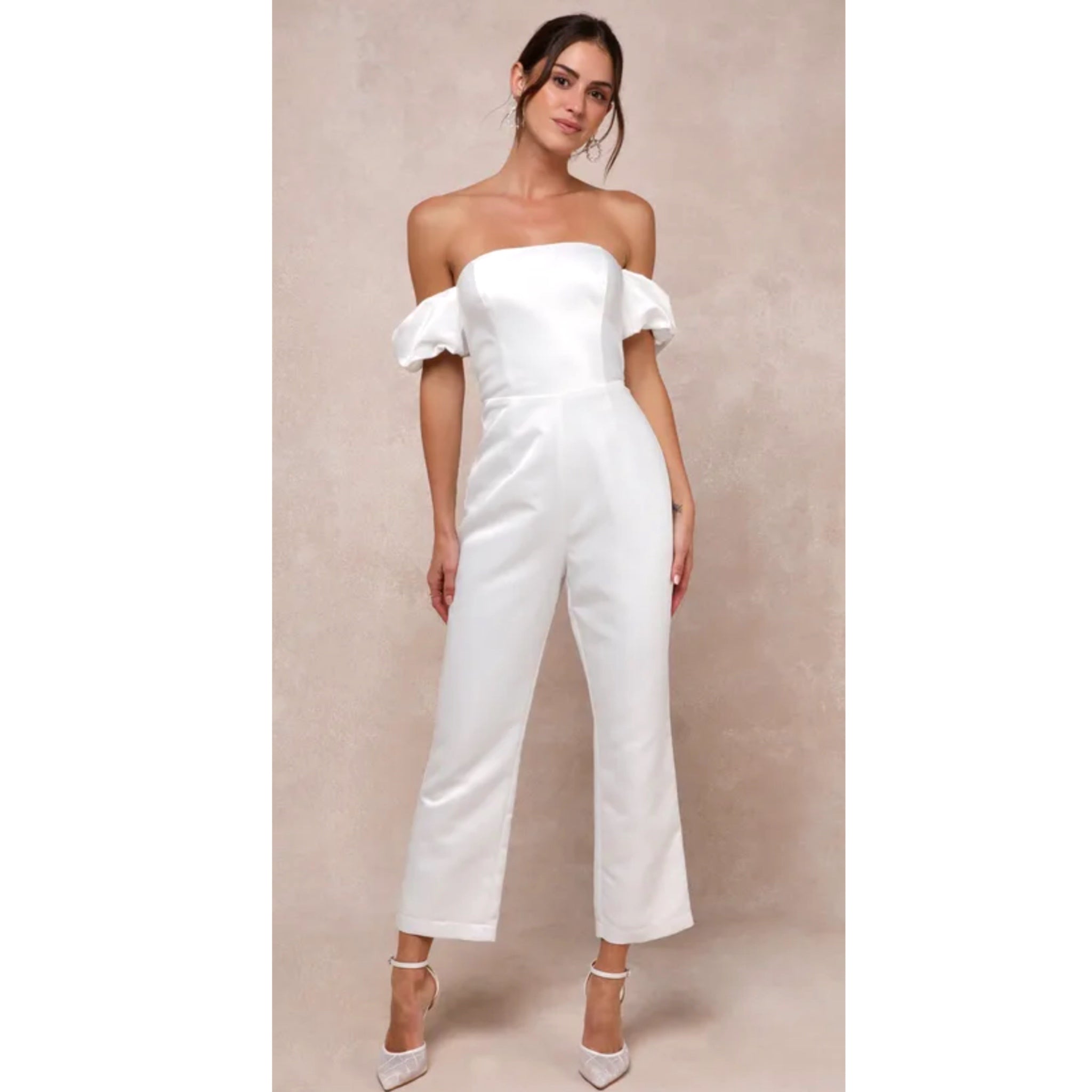 Lulus White Satin Jumpsuit Women’s Off Shoulder Vogue Chic Big Bow
