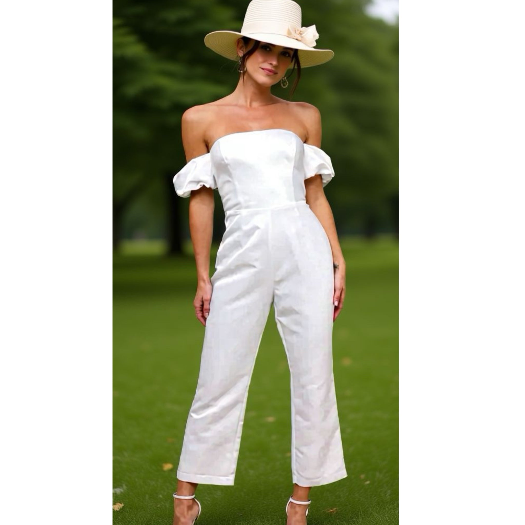 Lulus White Satin Jumpsuit Women’s Off Shoulder Vogue Chic Big Bow