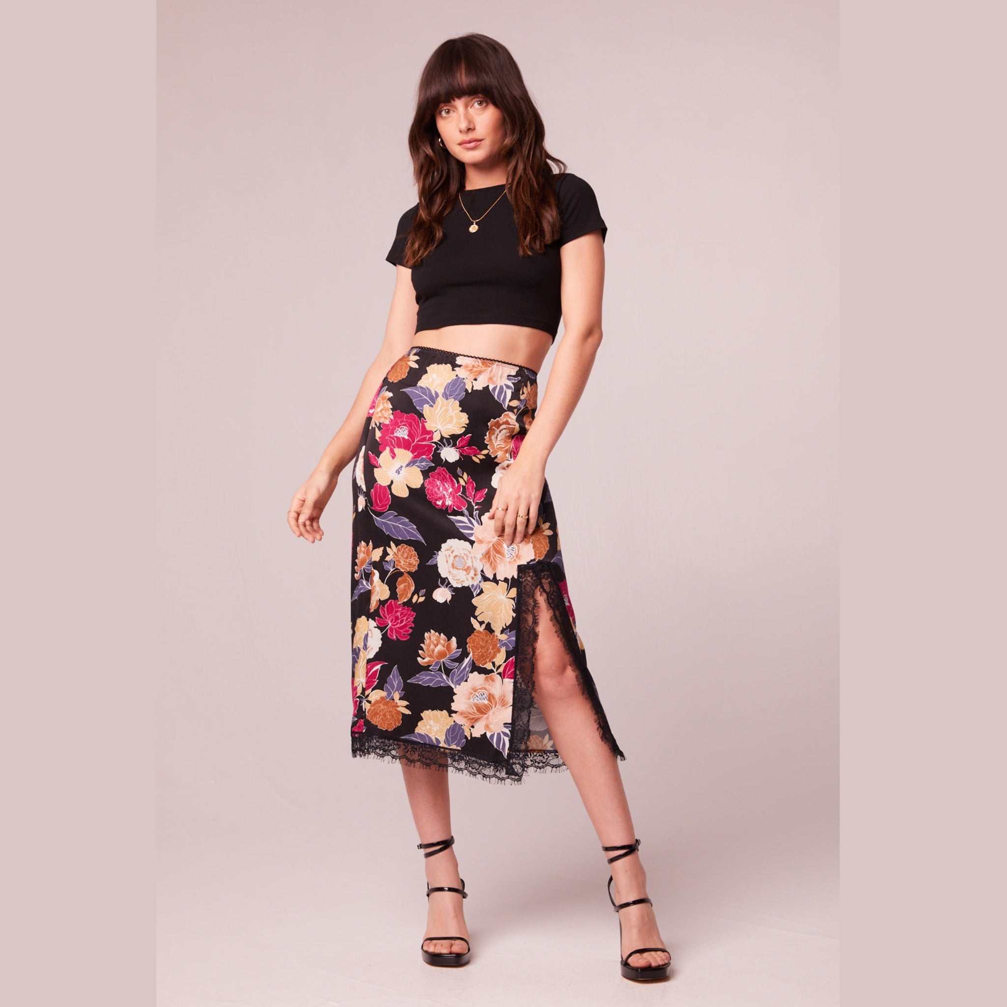 New BAND OF THE FREE Lilou Black Floral Slip Skirt Slit Midi Lace Trim