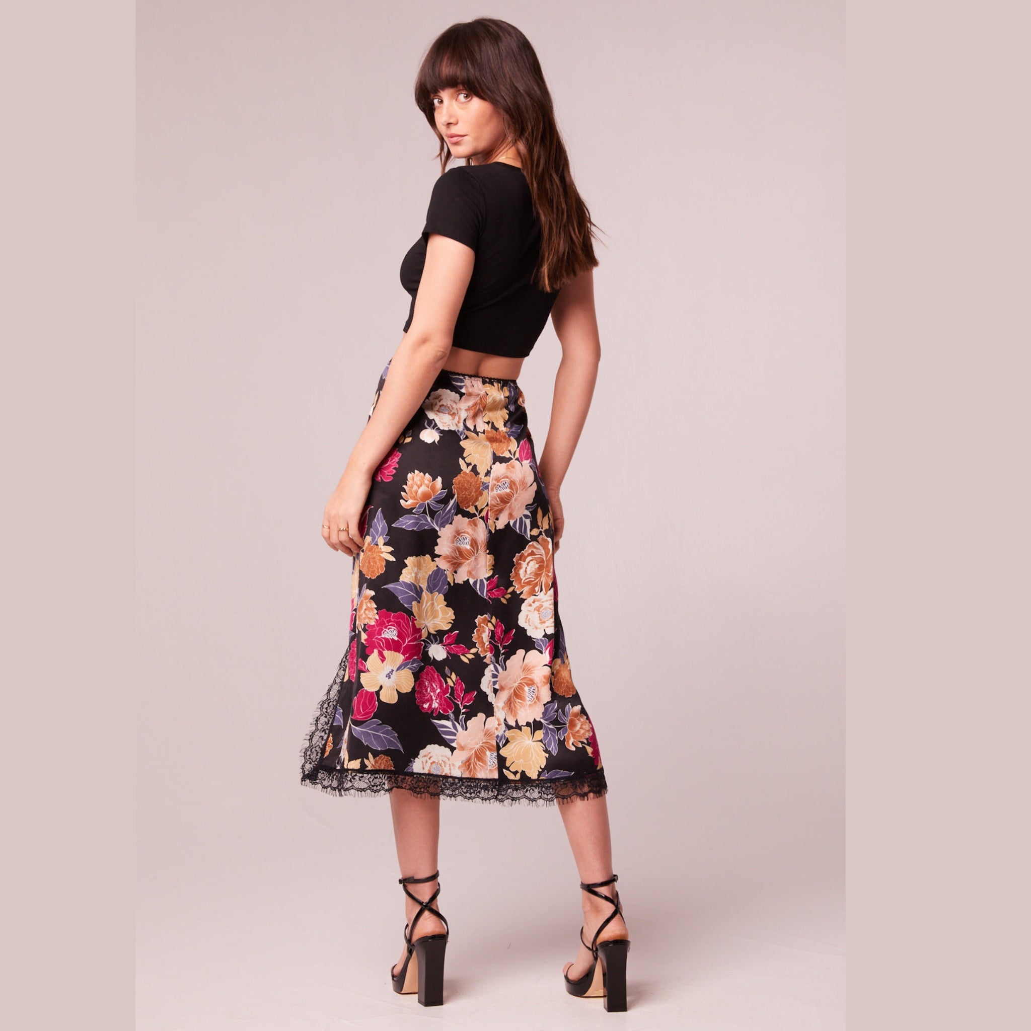 New BAND OF THE FREE Lilou Black Floral Slip Skirt Slit Midi Lace Trim