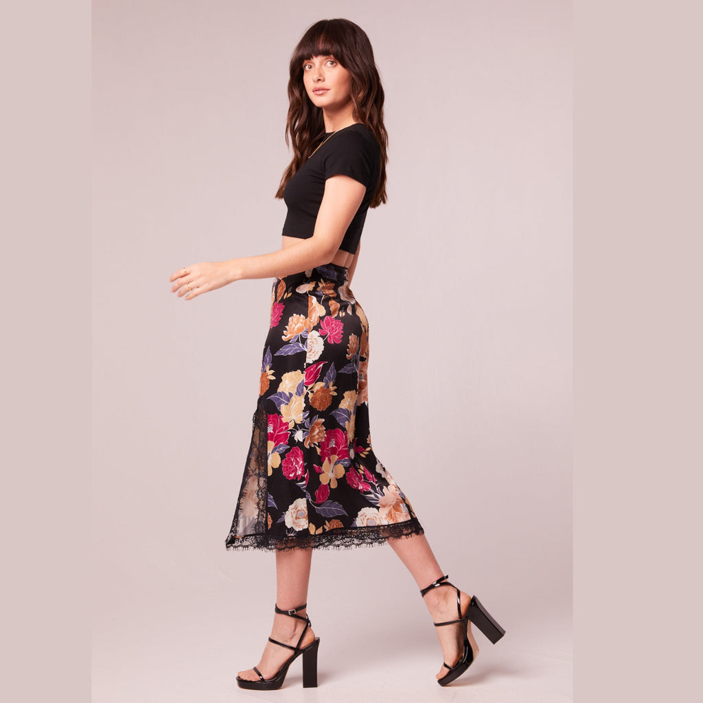 New BAND OF THE FREE Lilou Black Floral Slip Skirt Slit Midi Lace Trim