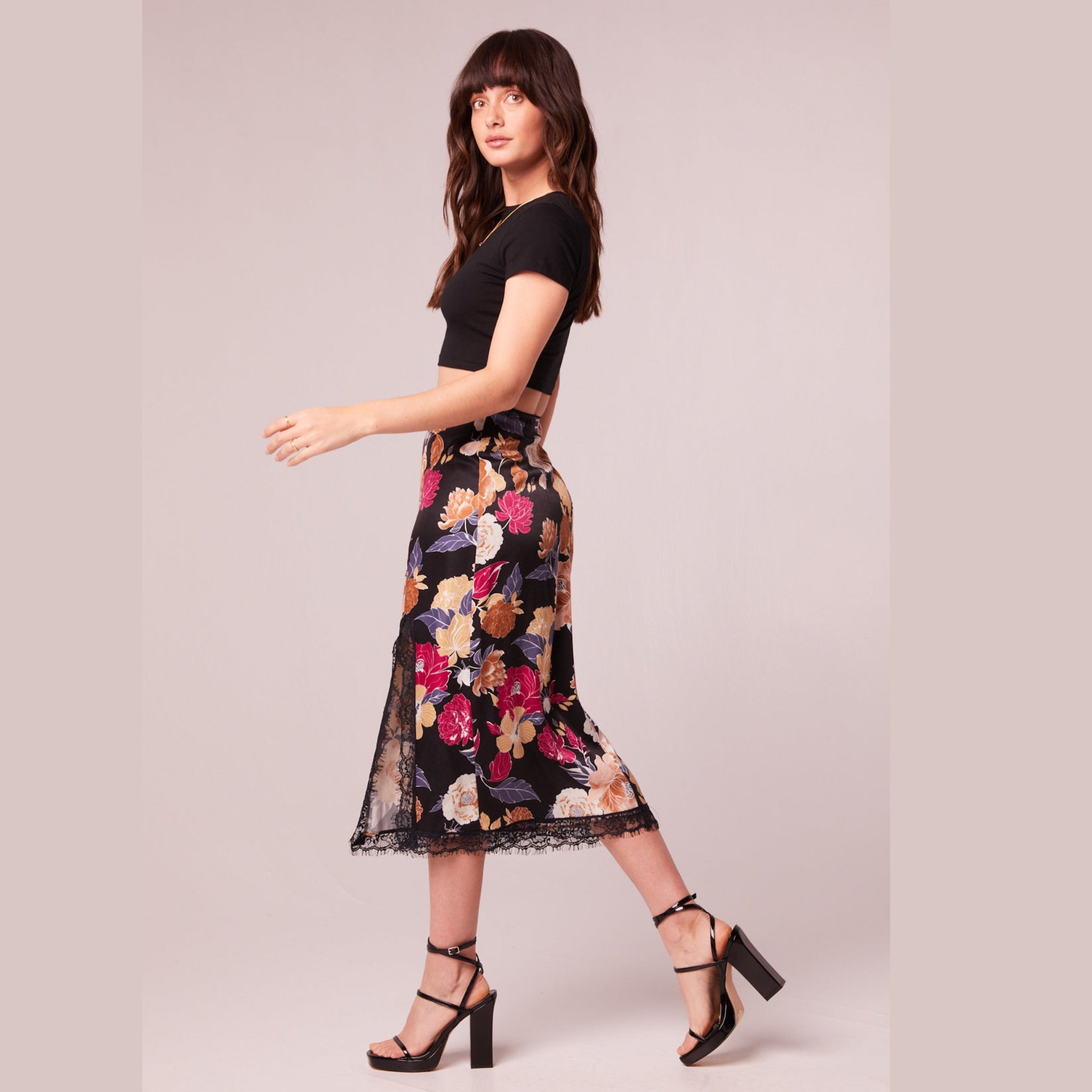 New BAND OF THE FREE Lilou Black Floral Slip Skirt Slit Midi Lace Trim