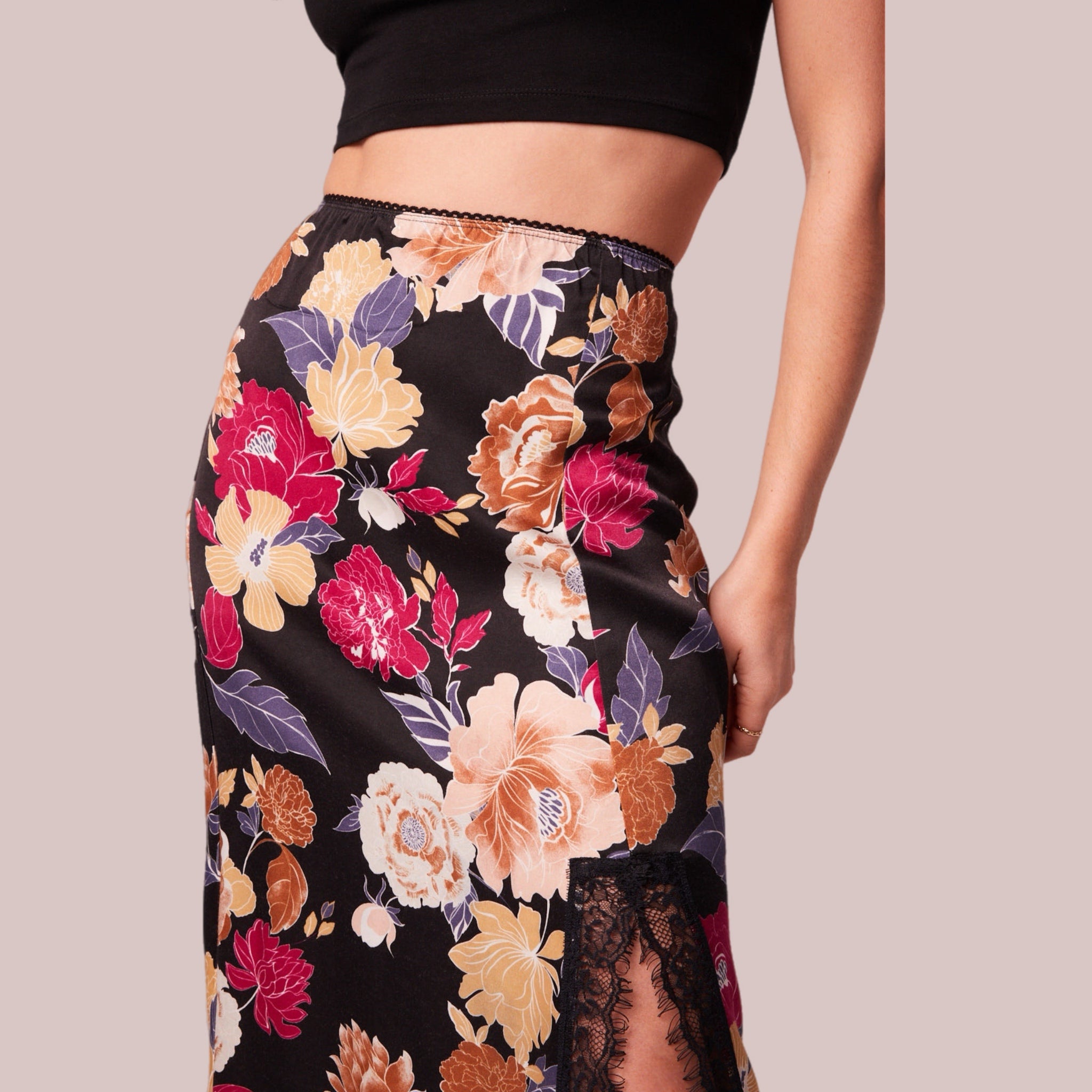 New BAND OF THE FREE Lilou Black Floral Slip Skirt Slit Midi Lace Trim