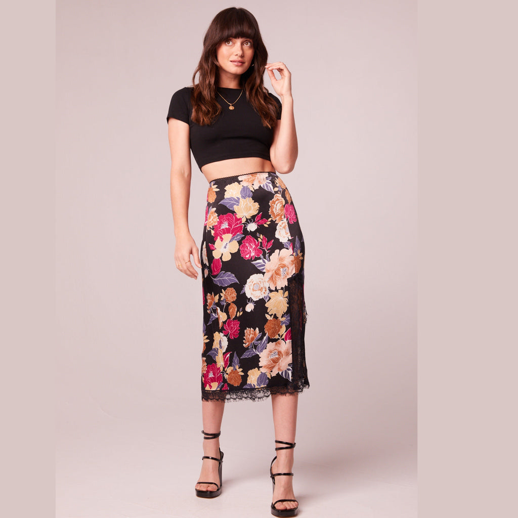 New BAND OF THE FREE Lilou Black Floral Slip Skirt Slit Midi Lace Trim