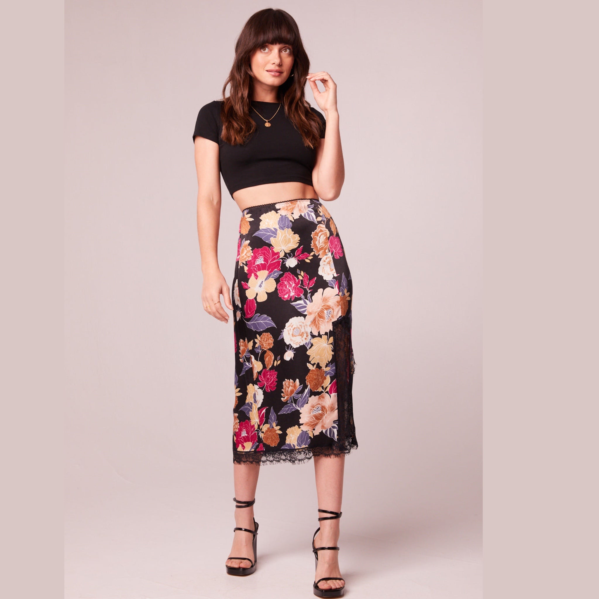 New BAND OF THE FREE Lilou Black Floral Slip Skirt Slit Midi Lace Trim