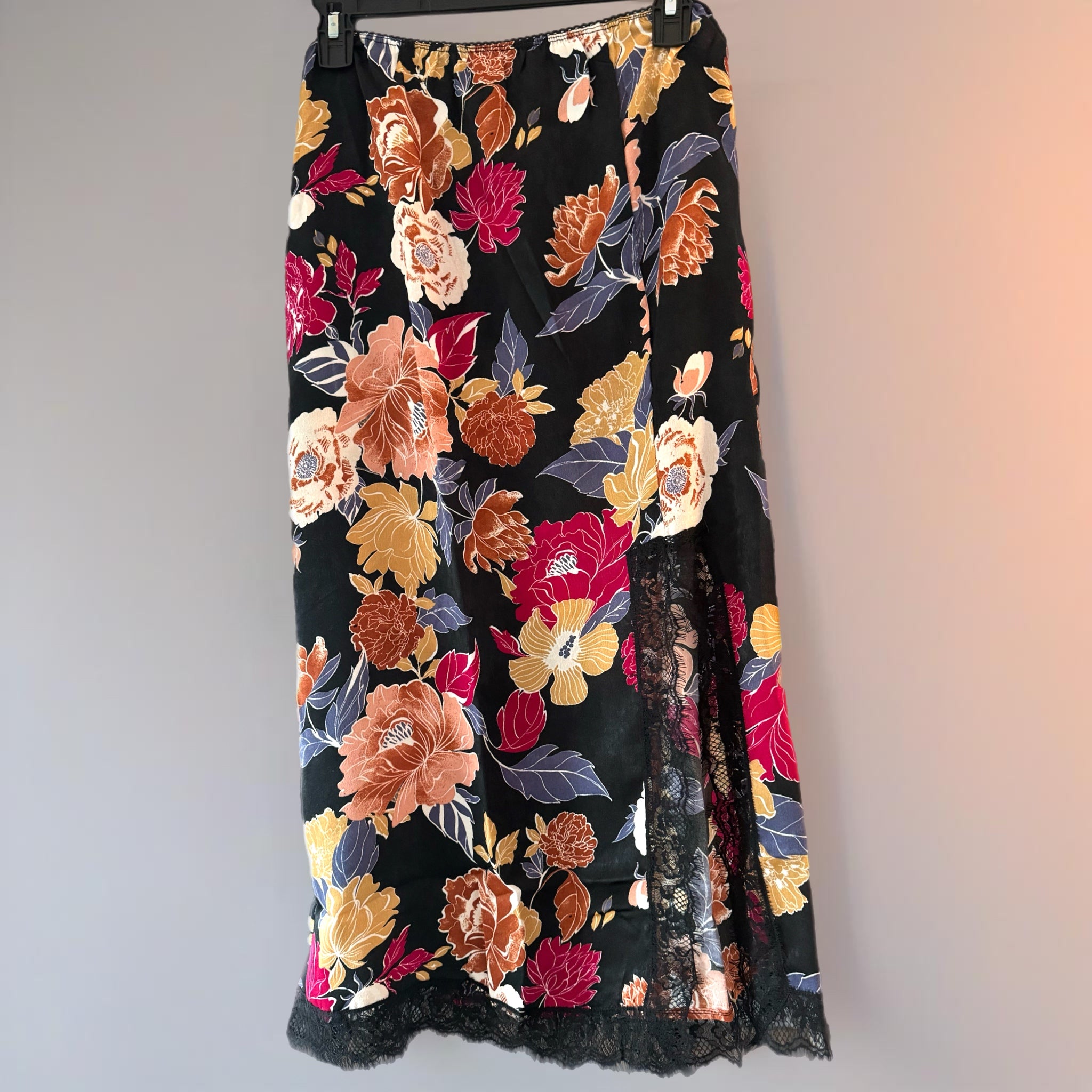 New BAND OF THE FREE Lilou Black Floral Slip Skirt Slit Midi Lace Trim