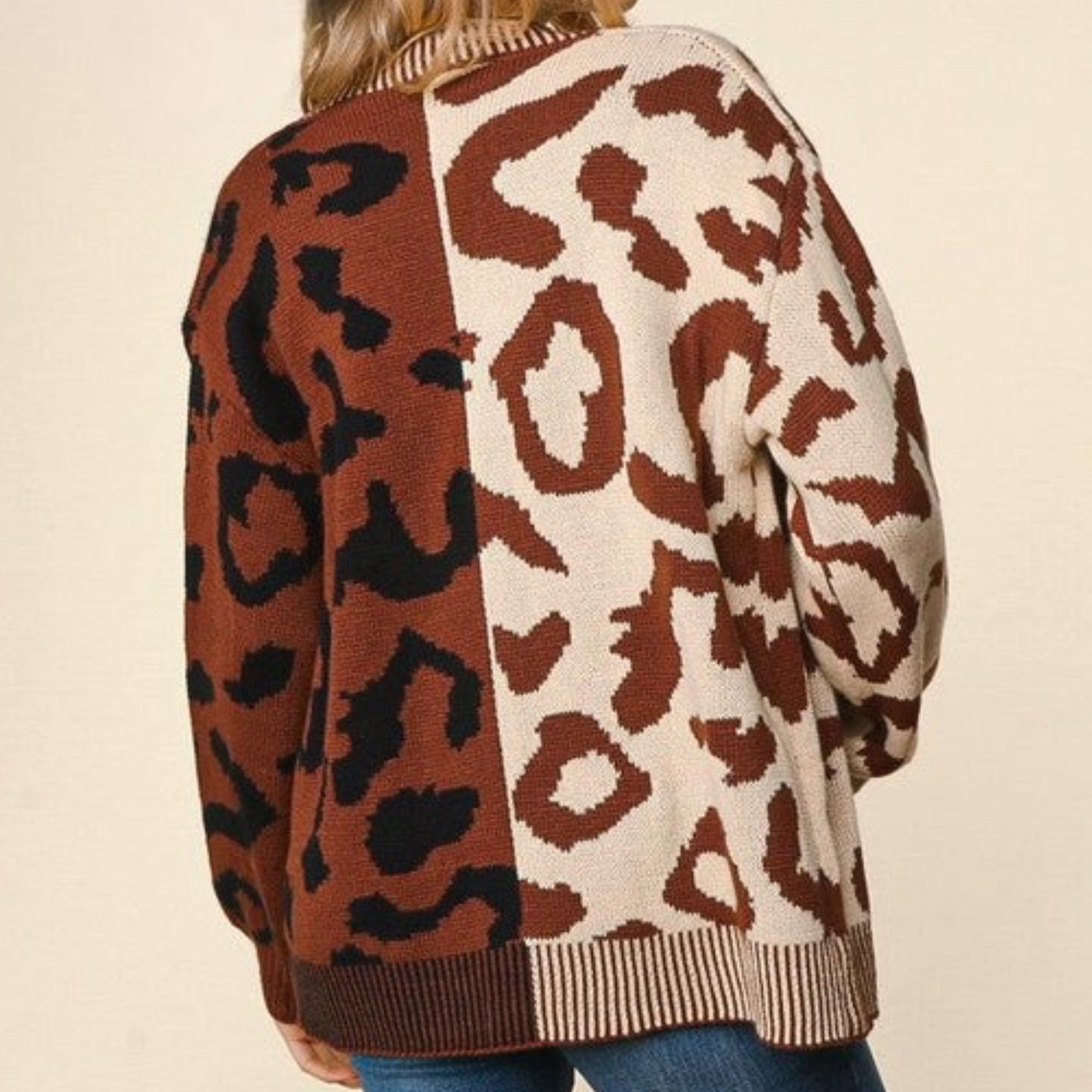 HAPTICS Taupe & Sepia Leopard Print Color Block Fall Buttoned Cardigan Sweater