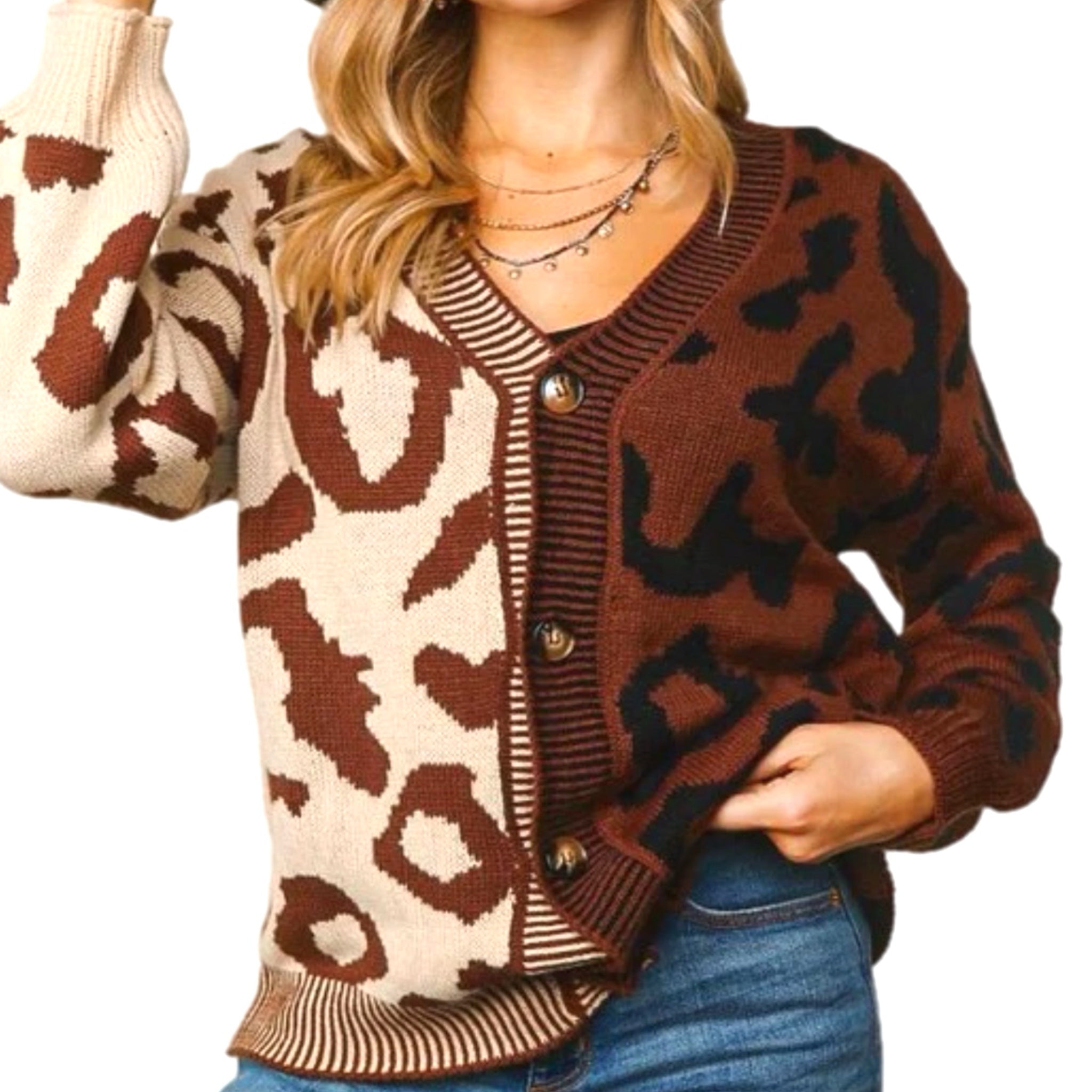 HAPTICS Taupe & Sepia Leopard Print Color Block Fall Buttoned Cardigan Sweater
