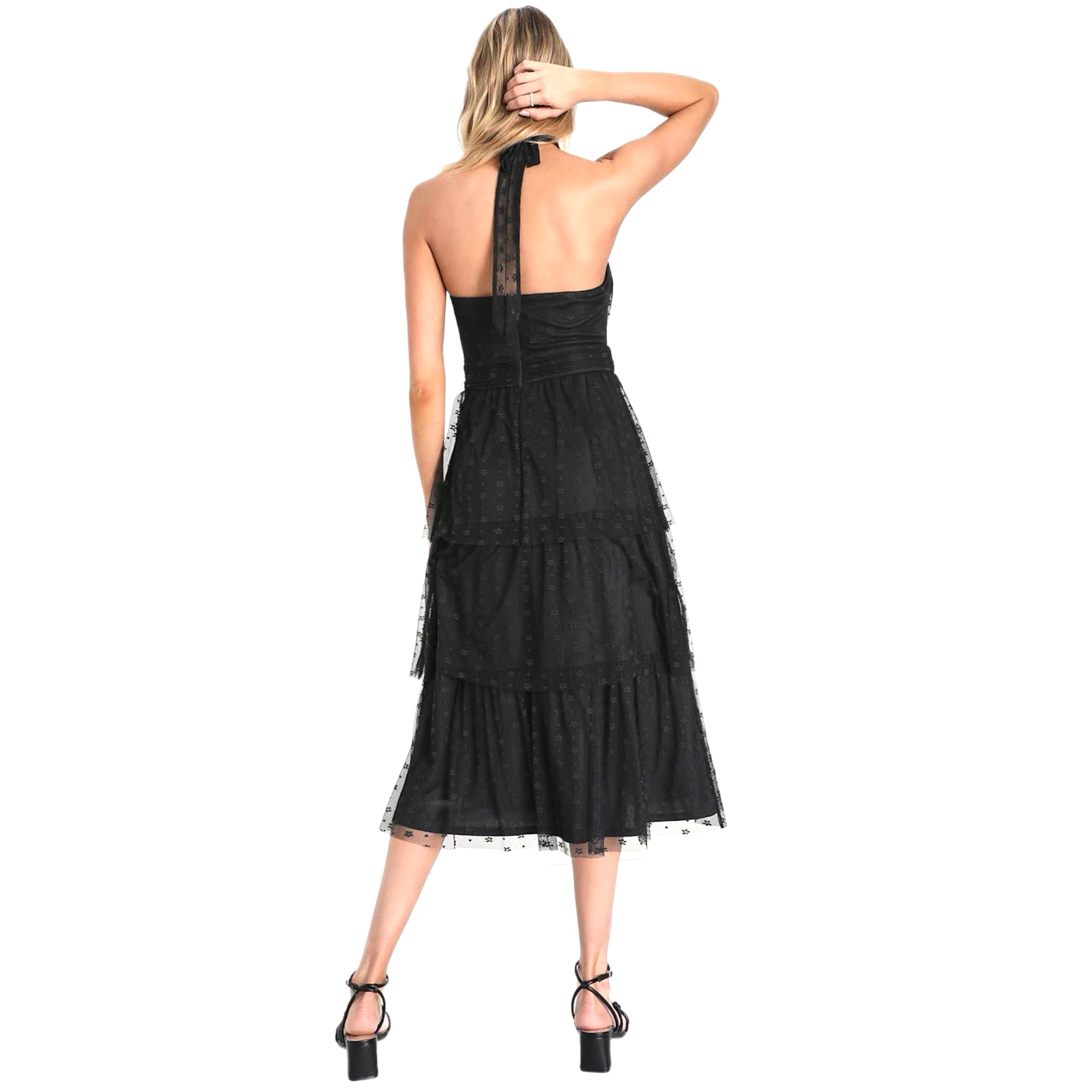 LULUS Black Romantic Lace Dress Midi Sleeveles Halter Tiered Whimsical Evening