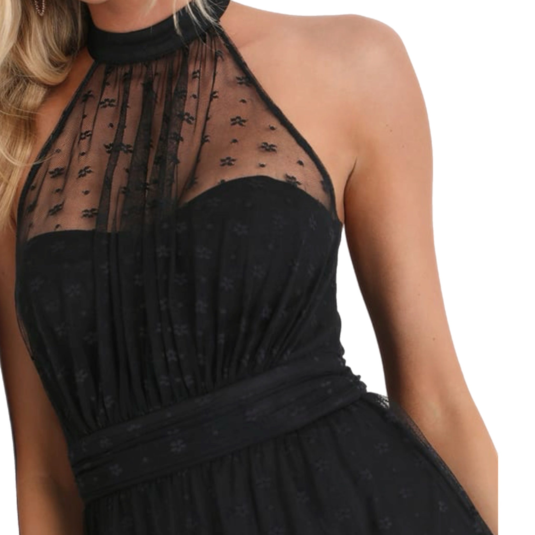 LULUS Black Romantic Lace Dress Midi Sleeveles Halter Tiered Whimsical Evening