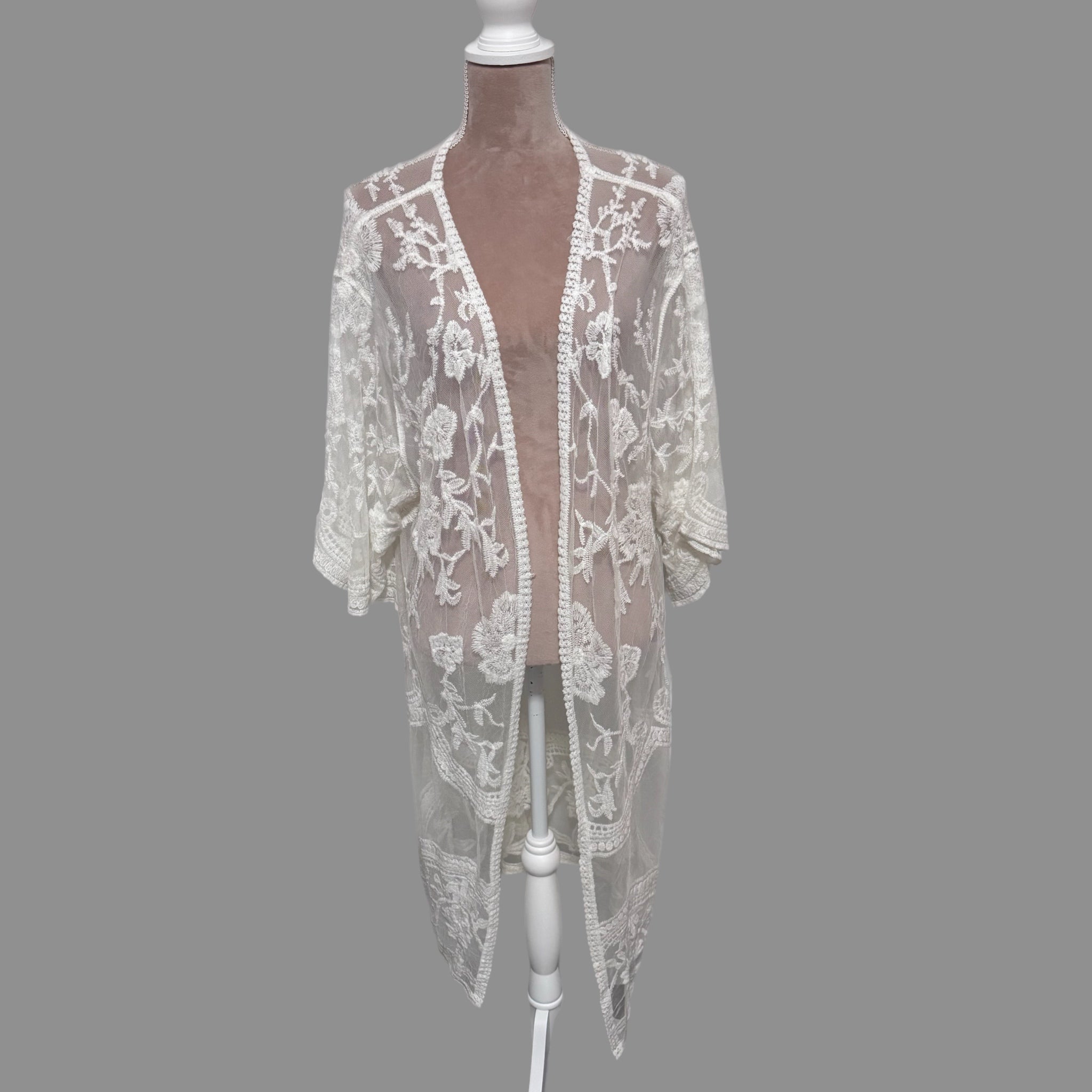 Boho Embroidered Floral Lace Kimono Beach Cover Up in White