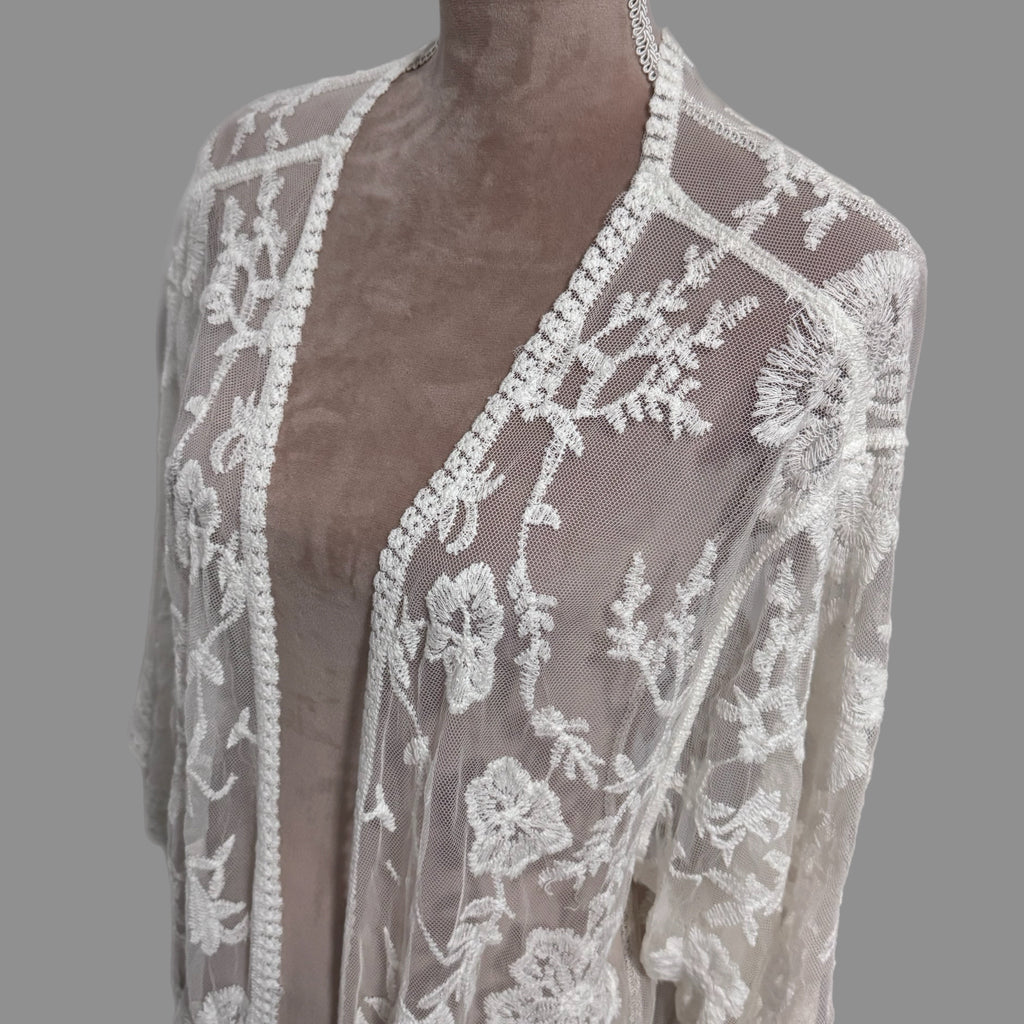 Boho Embroidered Floral Lace Kimono Beach Cover Up in White