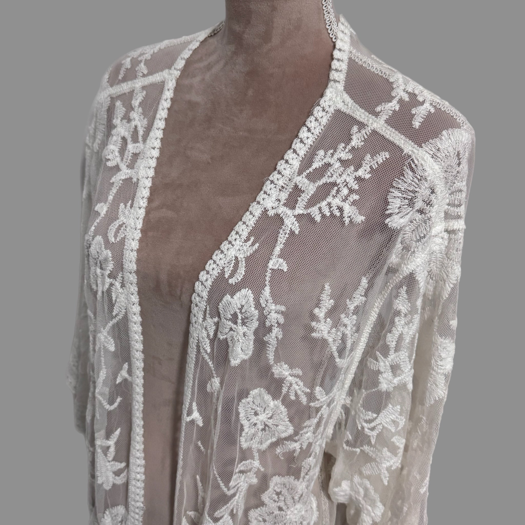 Boho Embroidered Floral Lace Kimono Beach Cover Up in White
