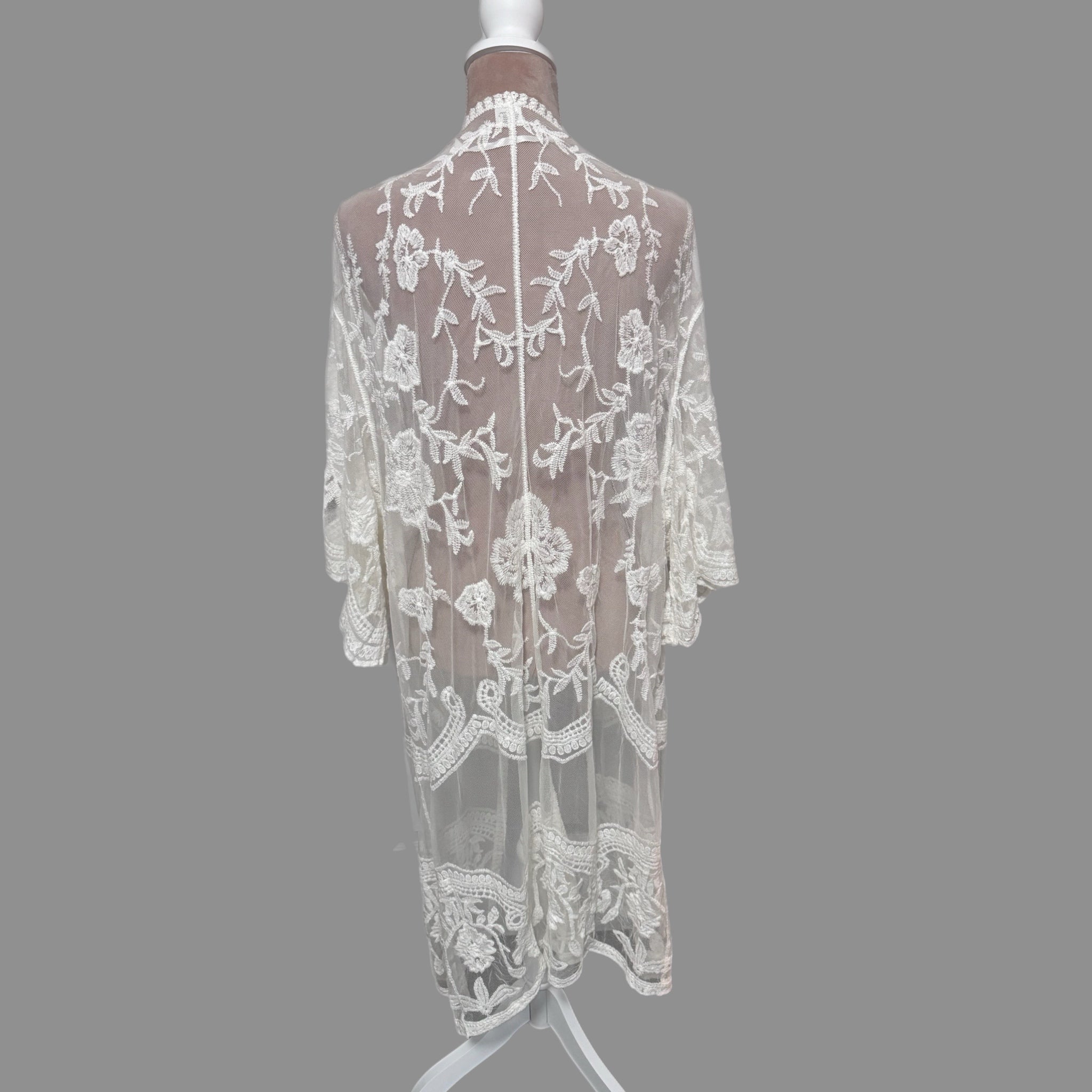 Boho Embroidered Floral Lace Kimono Beach Cover Up in White