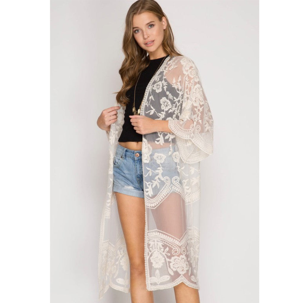 Boho Embroidered Floral Lace Kimono Beach Cover Up in White