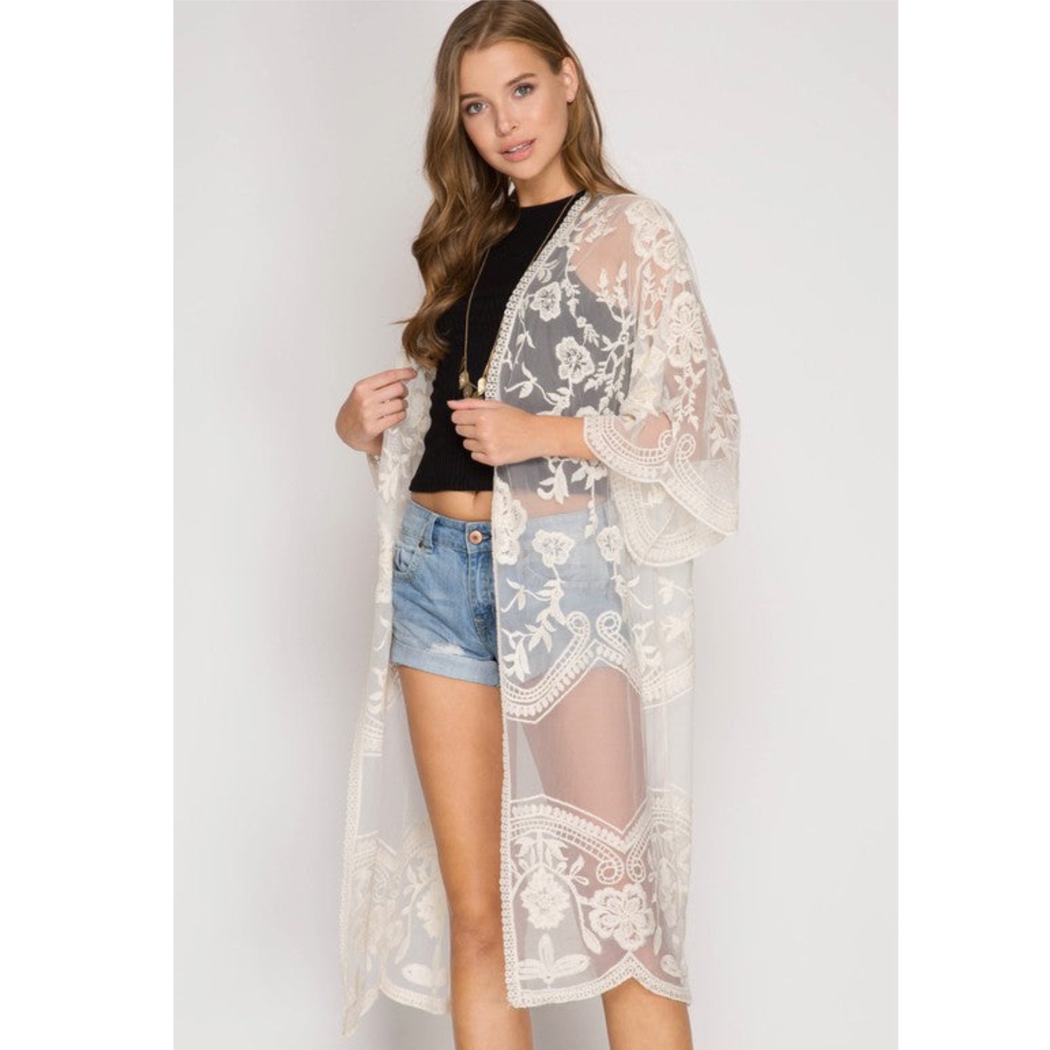 Boho Embroidered Floral Lace Kimono Beach Cover Up in White