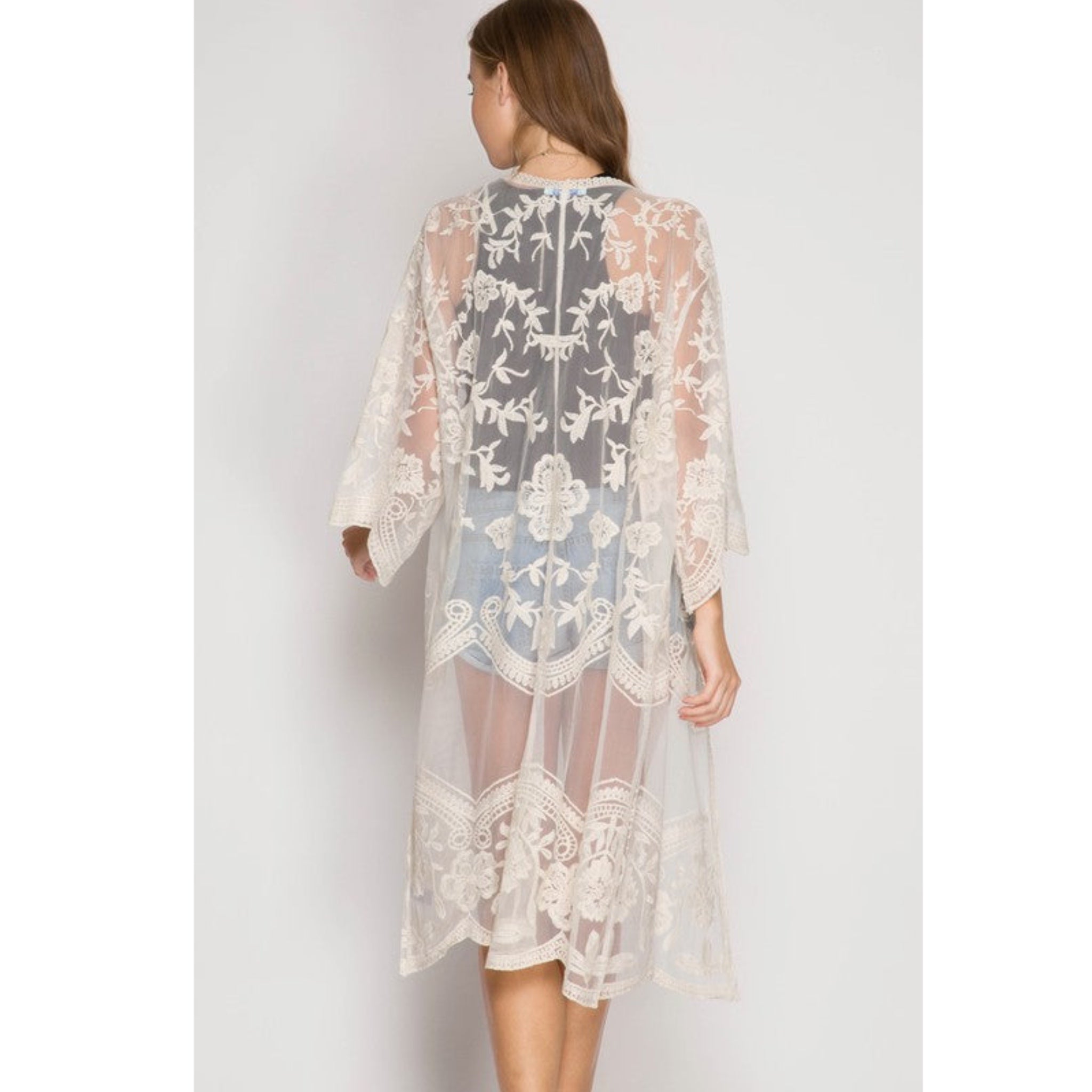 Boho Embroidered Floral Lace Kimono Beach Cover Up in White