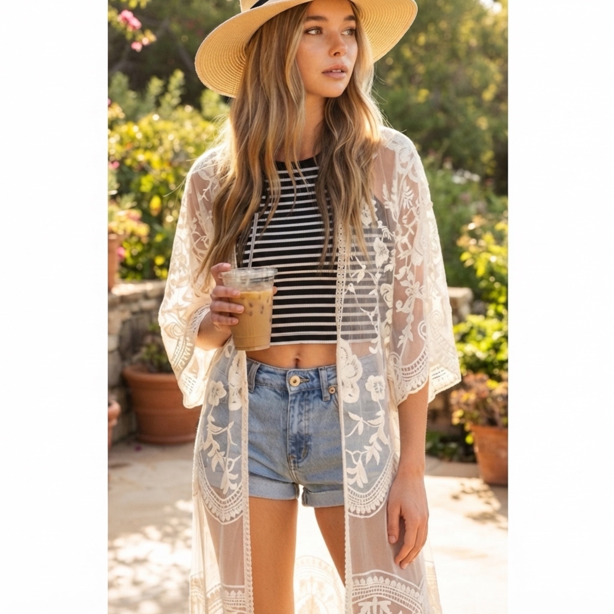 Boho Embroidered Floral Lace Kimono Beach Cover Up in White