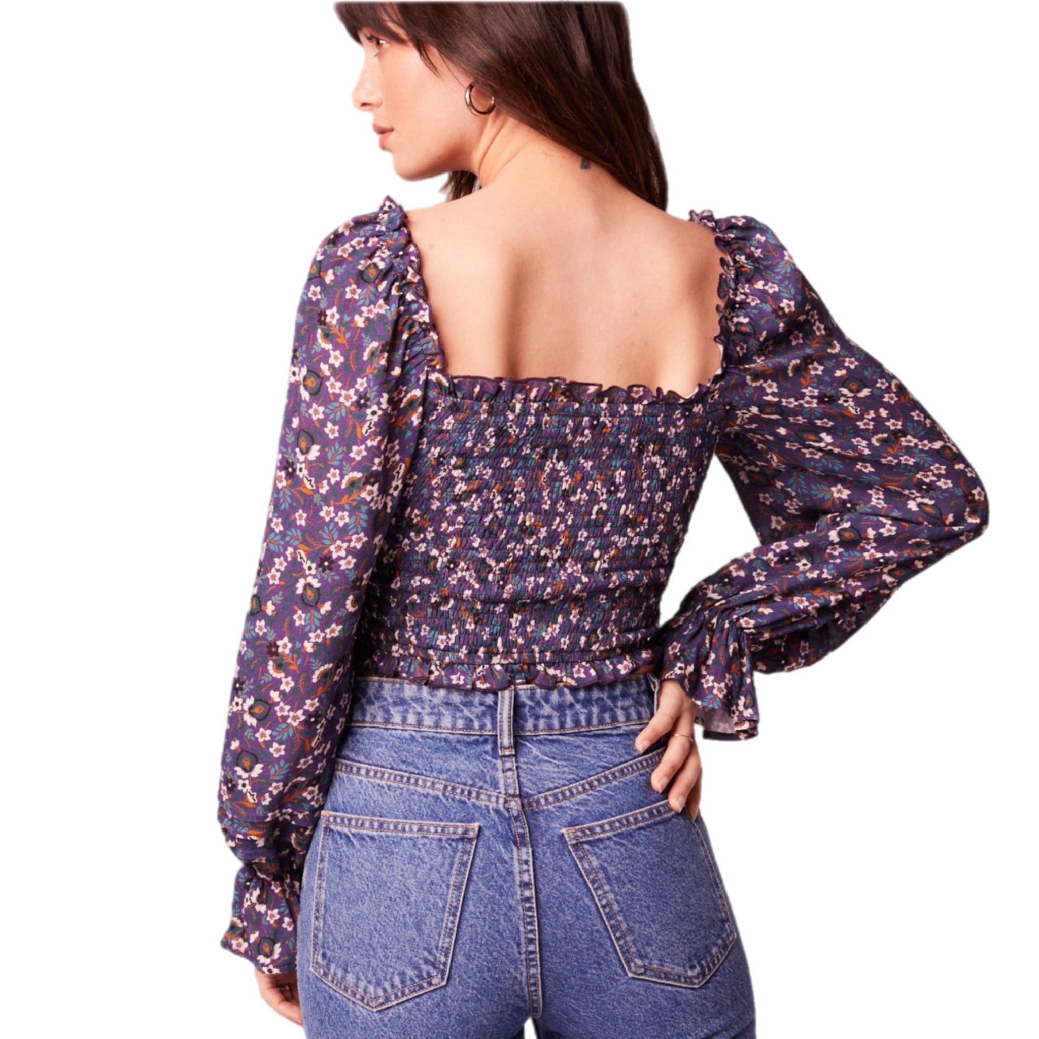 BAND OF THE FREE Cropped Purple Floral Smocked Long Sleeve Blouse