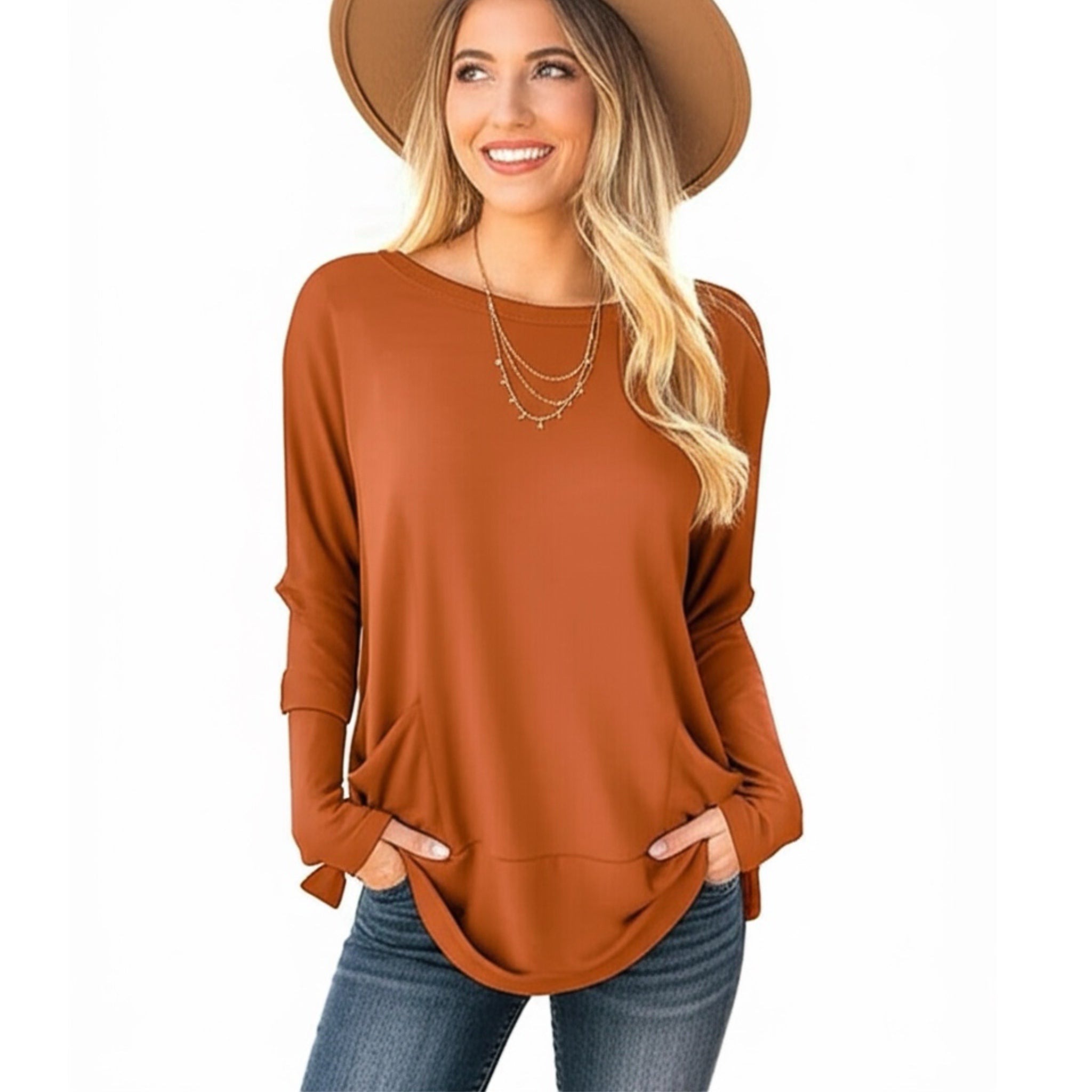HAPTICS by Holly Harper Rust Hacci Dolman Pocketed Sweater Knit Long Sleeve Top