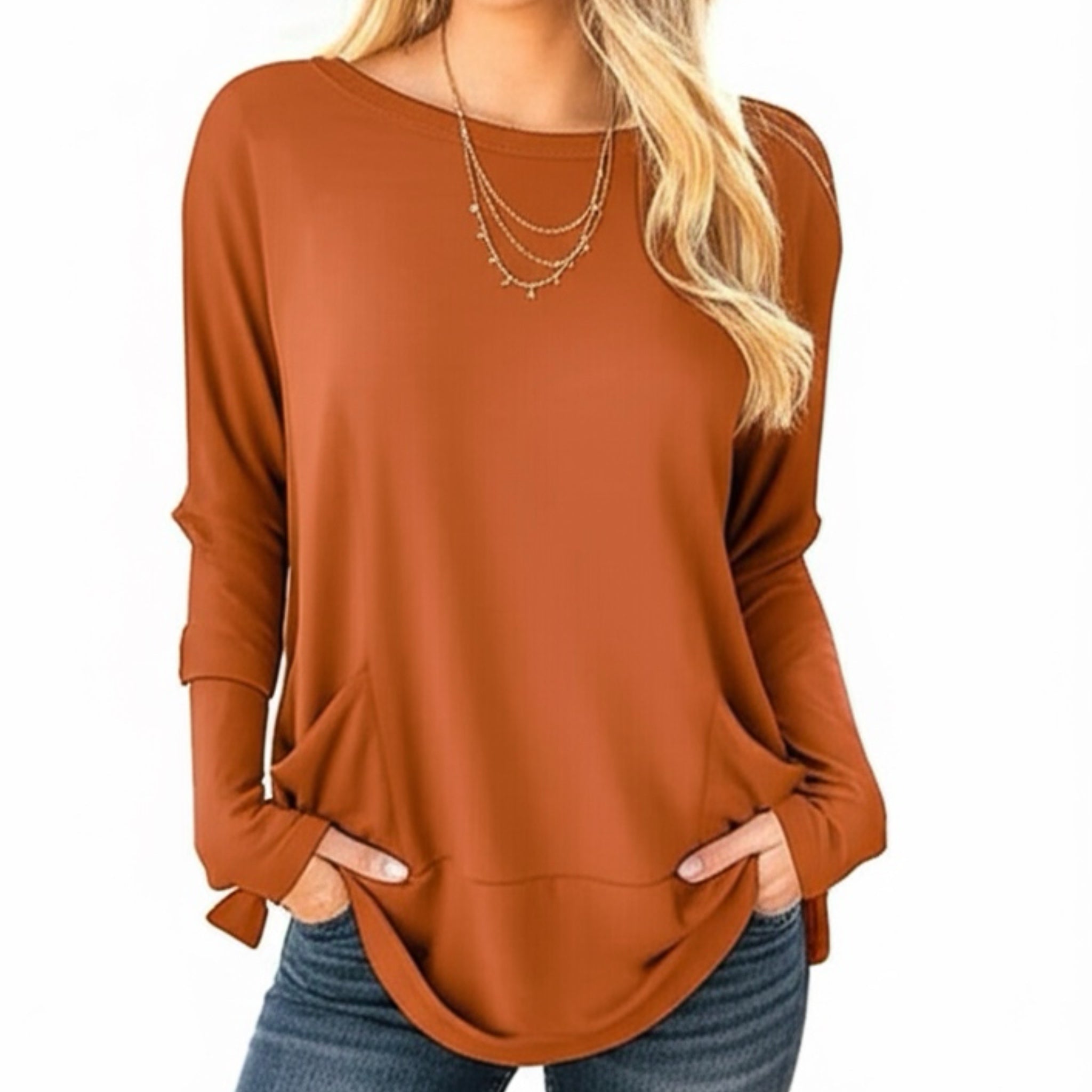 HAPTICS by Holly Harper Rust Hacci Dolman Pocketed Sweater Knit Long Sleeve Top