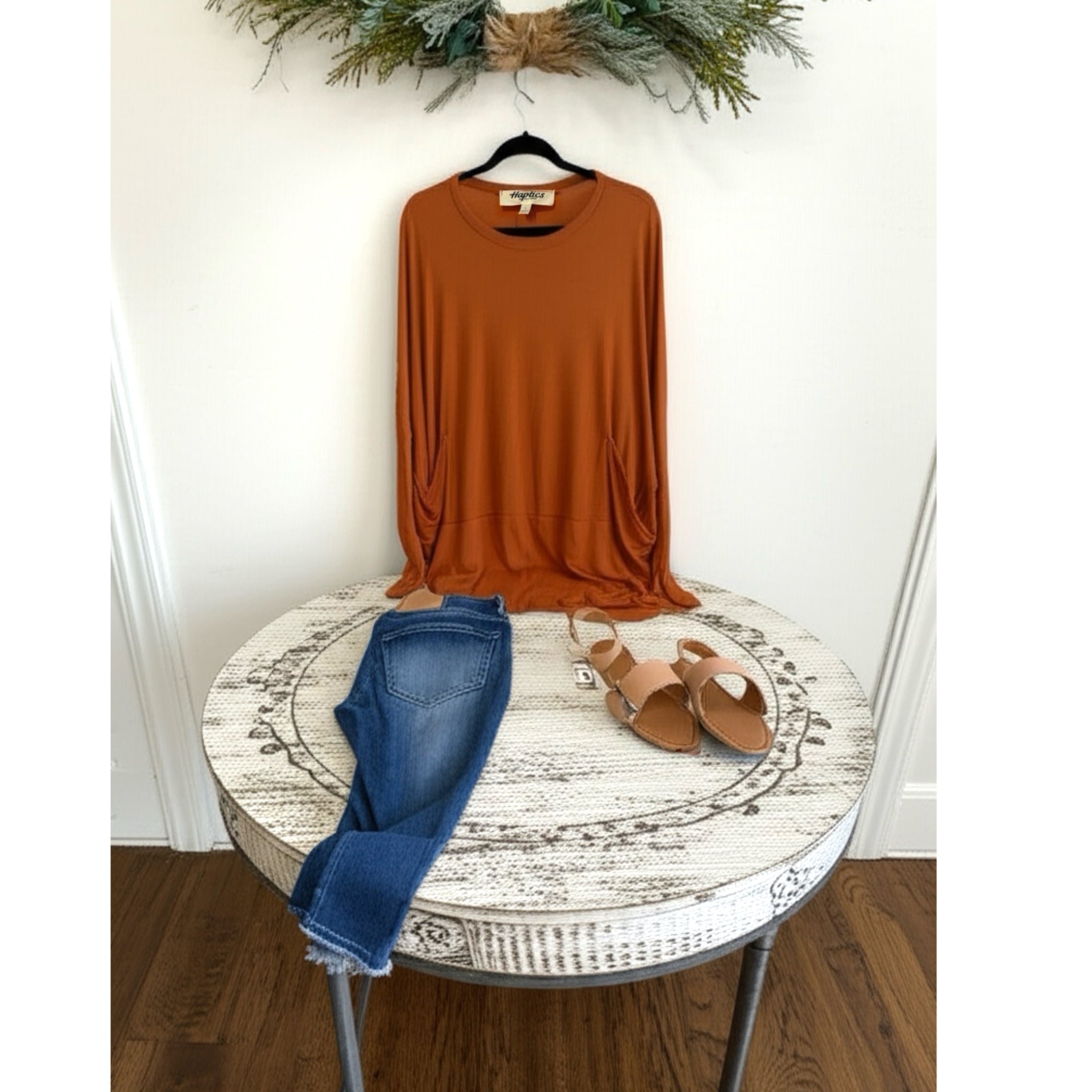 HAPTICS by Holly Harper Rust Hacci Dolman Pocketed Sweater Knit Long Sleeve Top