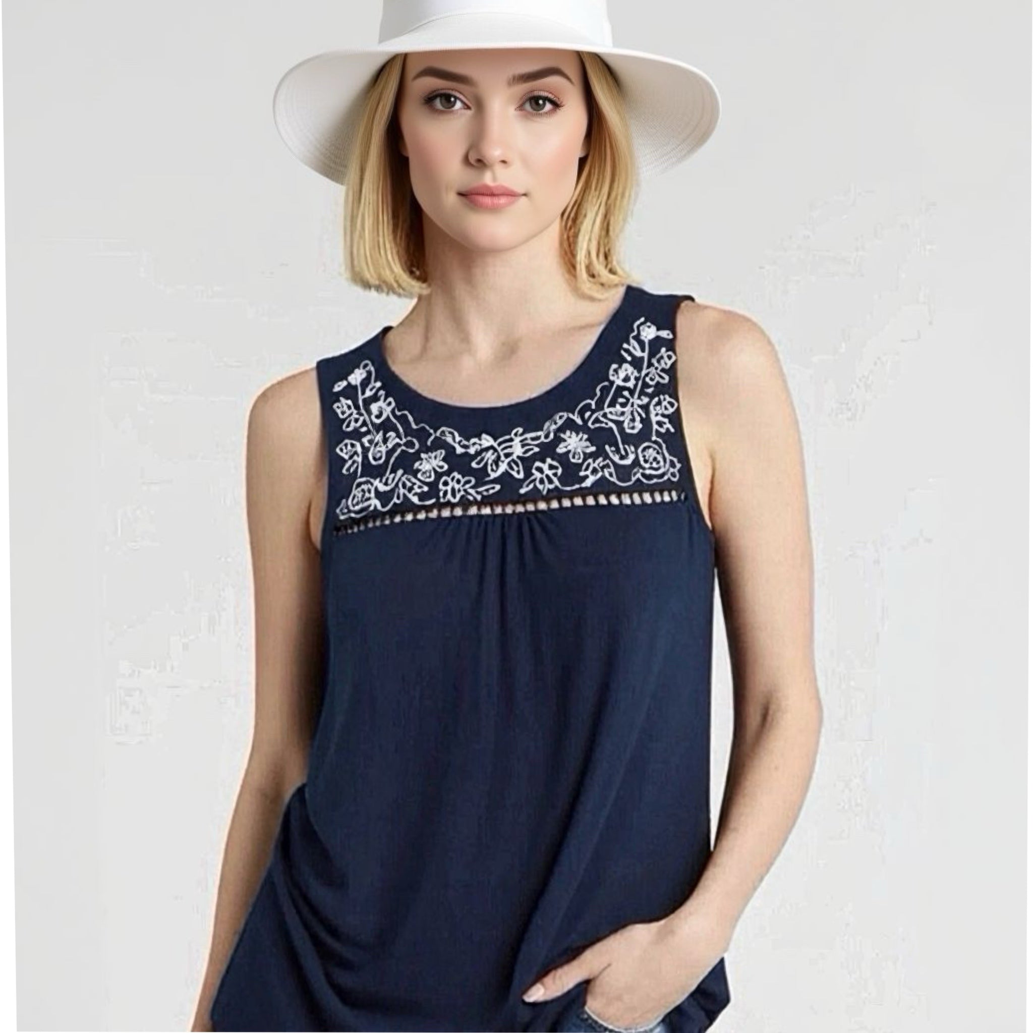 Market & Spruce Linen Blend Tank Top Embroidered Blouse in Navy