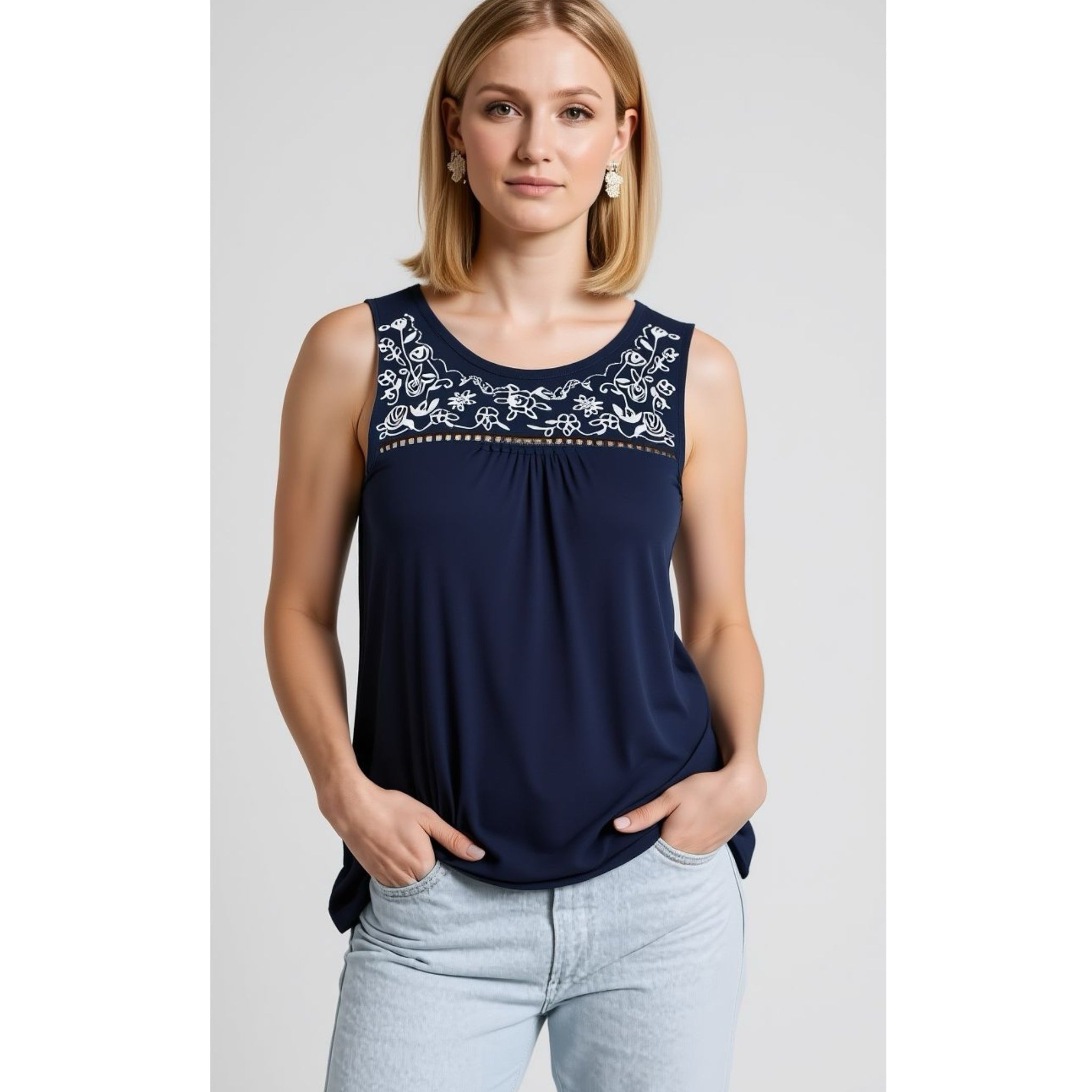 Market & Spruce Linen Blend Tank Top Embroidered Blouse in Navy