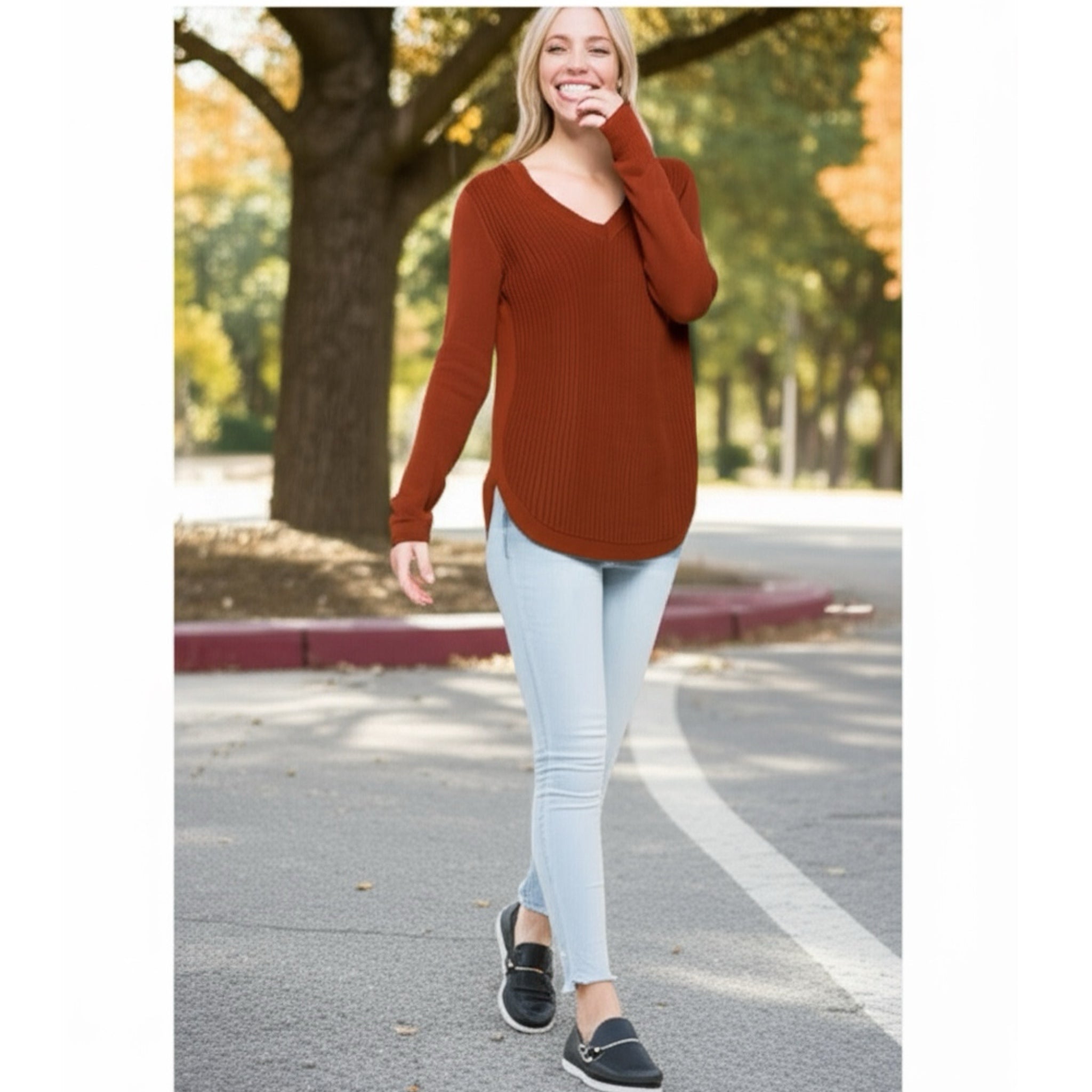 STITCH FIX RD STYLE Women's Long Sleeve Josslyn V Neck Sweater Rust Red