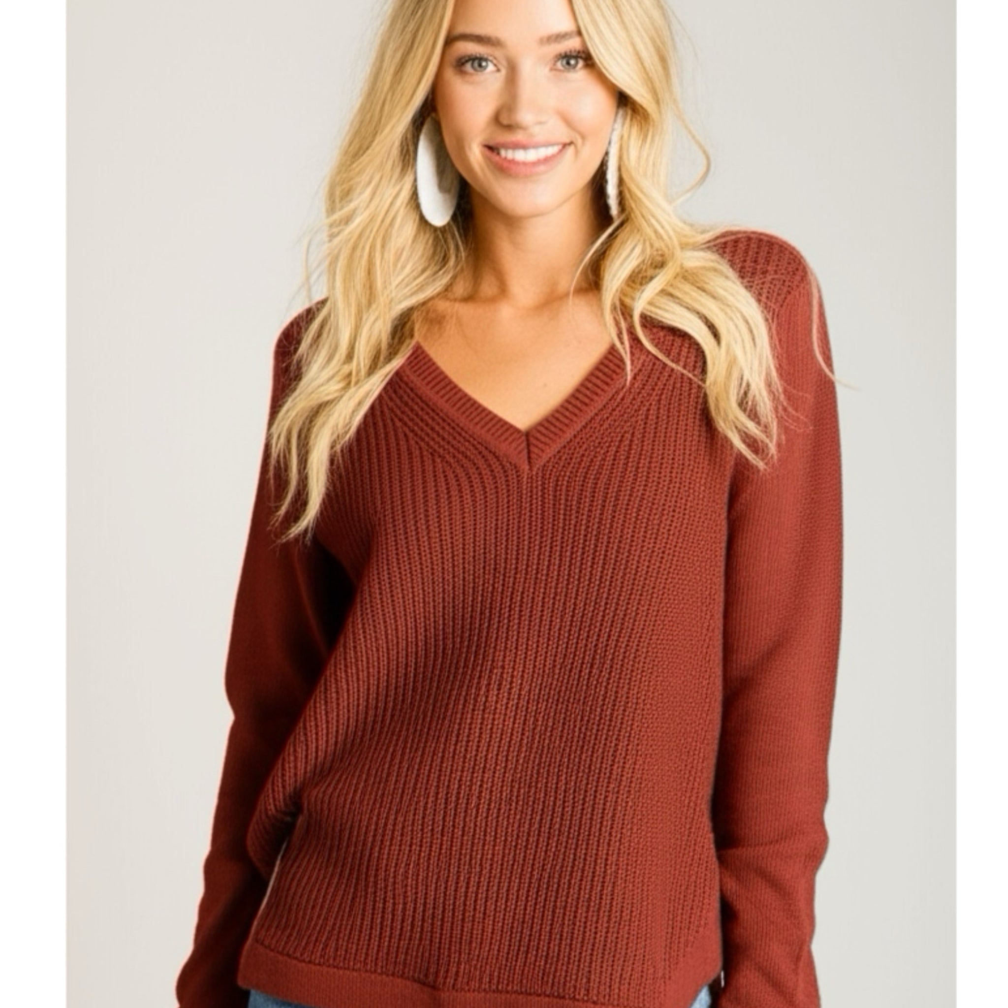 STITCH FIX RD STYLE Women's Long Sleeve Josslyn V Neck Sweater Rust Red