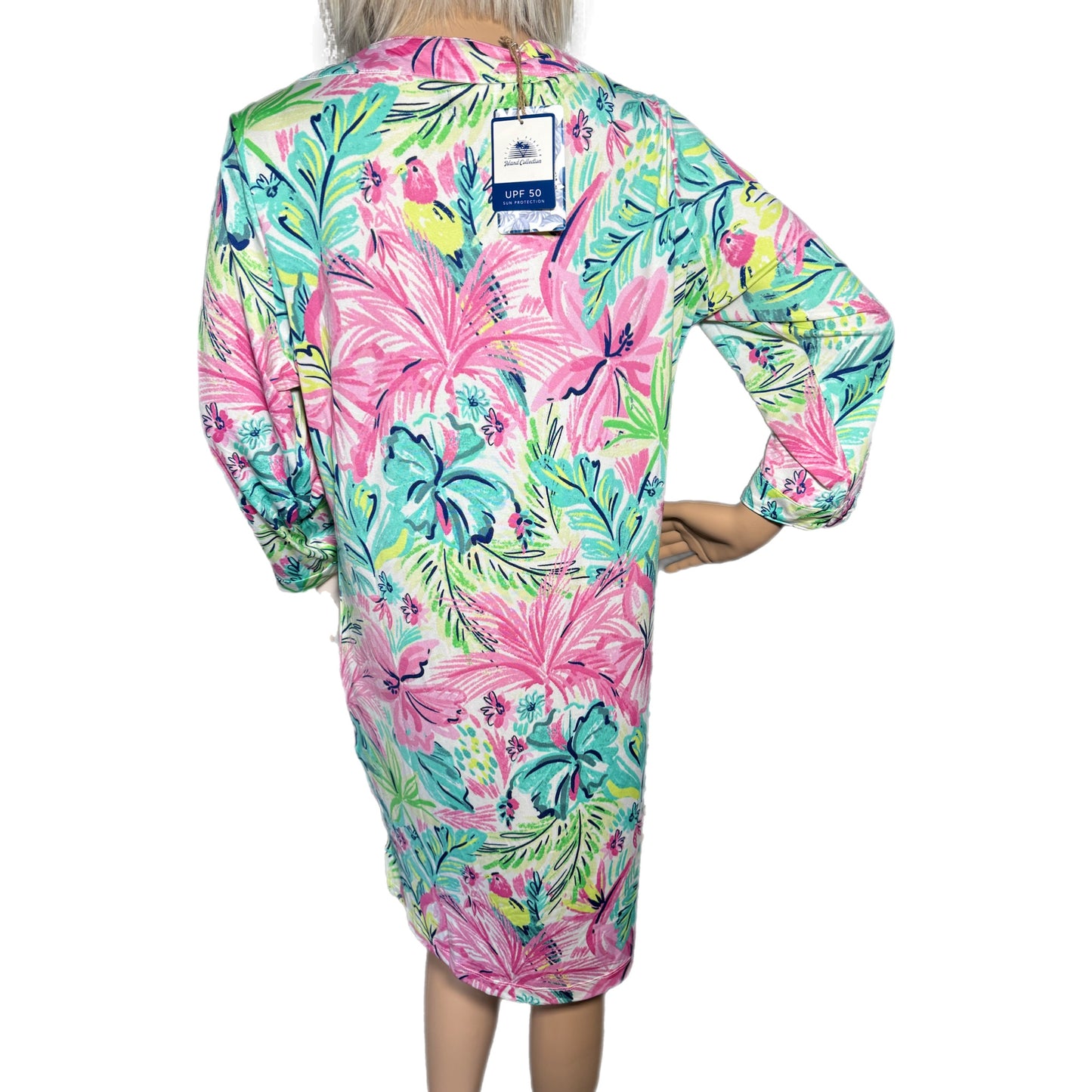 STELLA PARKER Island Collection Floral 3/4 Sleeve Dress Yoke Neck UPF 50