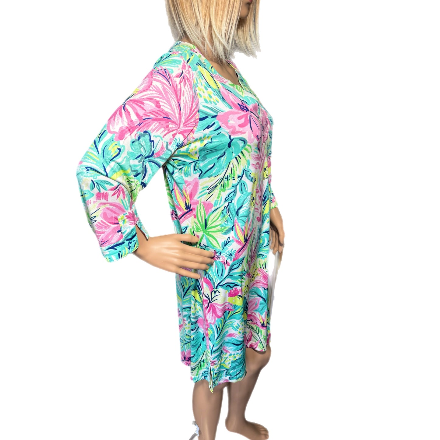 STELLA PARKER Island Collection Floral 3/4 Sleeve Dress Yoke Neck UPF 50