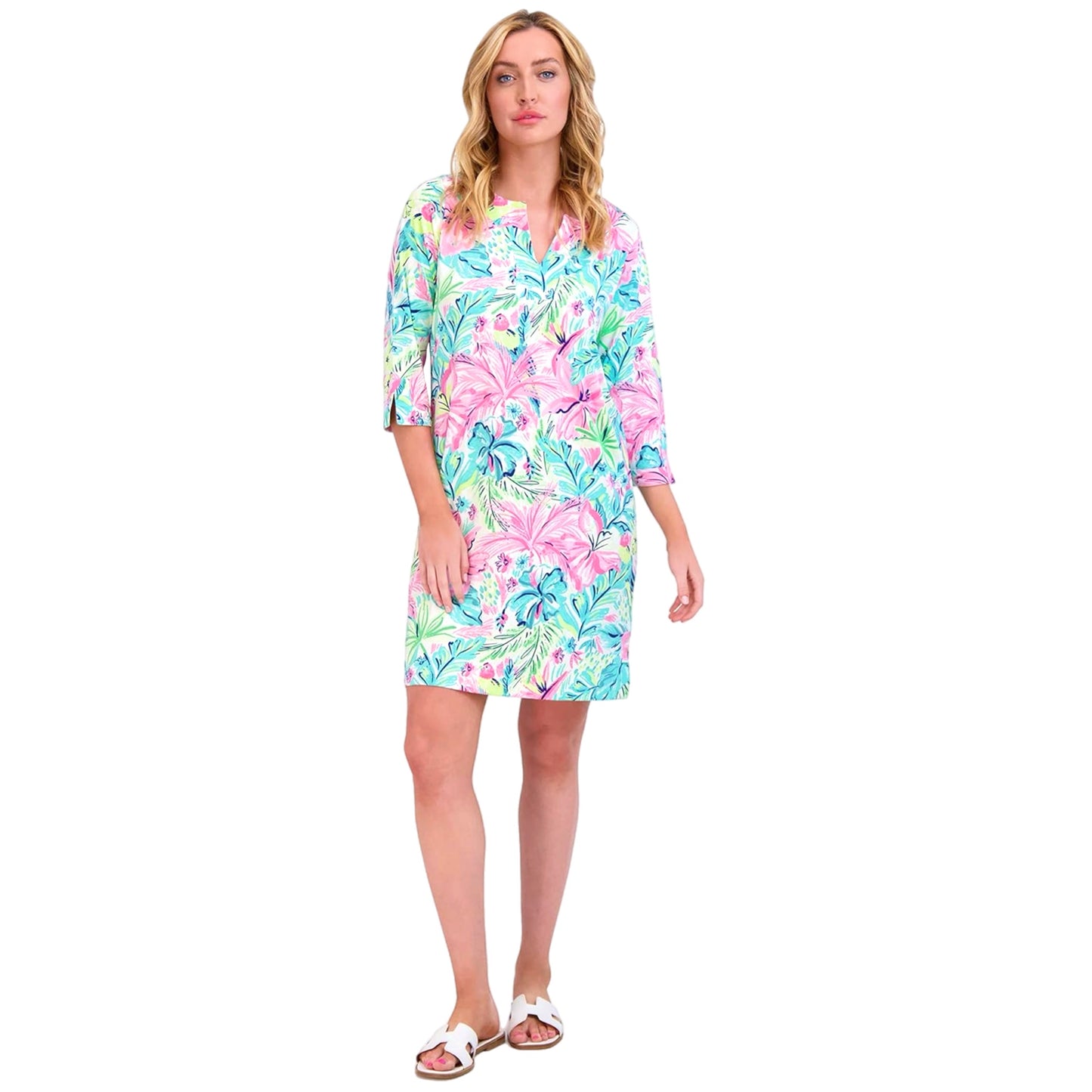 STELLA PARKER Island Collection Floral 3/4 Sleeve Dress Yoke Neck UPF 50