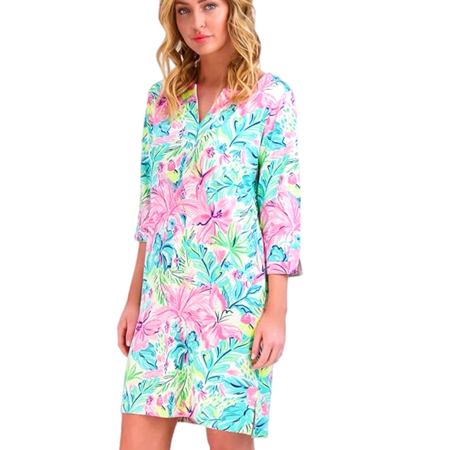 STELLA PARKER Island Collection Floral 3/4 Sleeve Dress Yoke Neck UPF 50