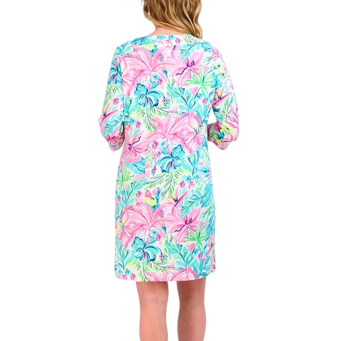 STELLA PARKER Island Collection Floral 3/4 Sleeve Dress Yoke Neck UPF 50