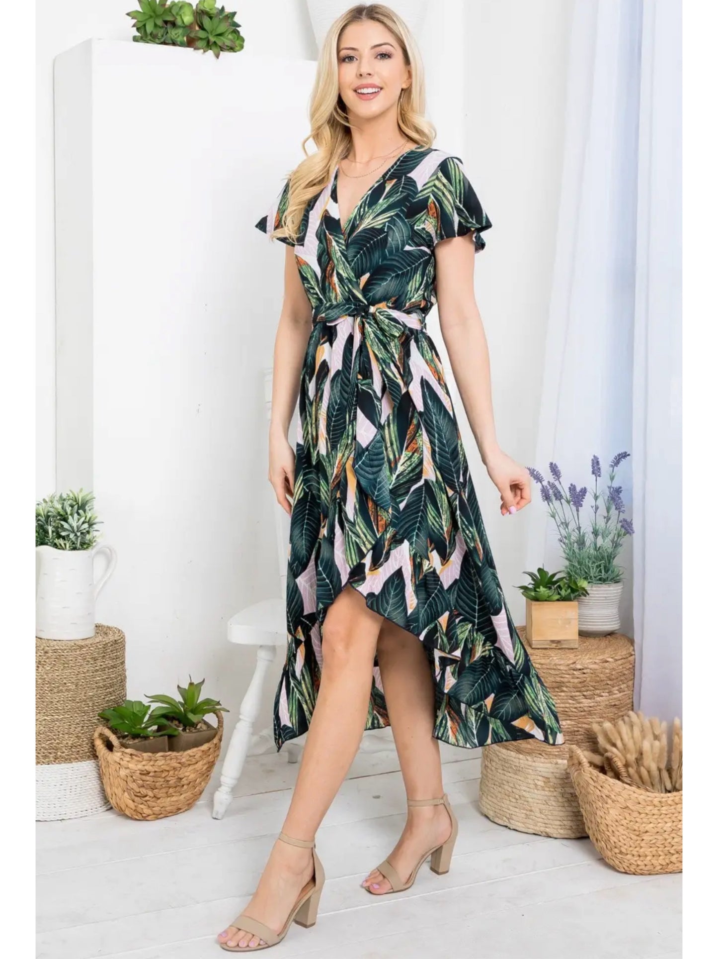 LA SOUL Tropical Leaf Print Faux Wrap Dress Midi Short Sleeve Tie Belt