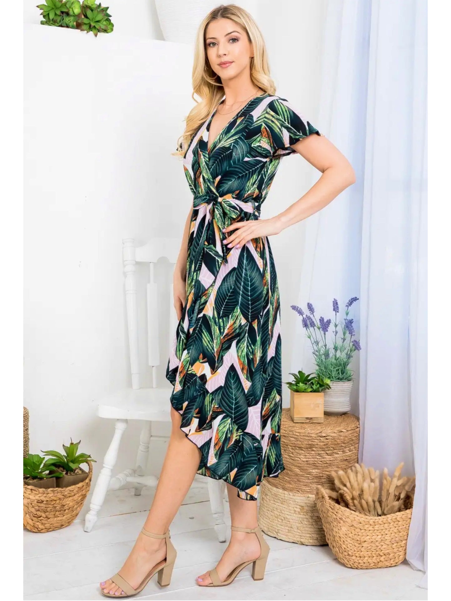 LA SOUL Tropical Leaf Print Faux Wrap Dress Midi Short Sleeve Tie Belt