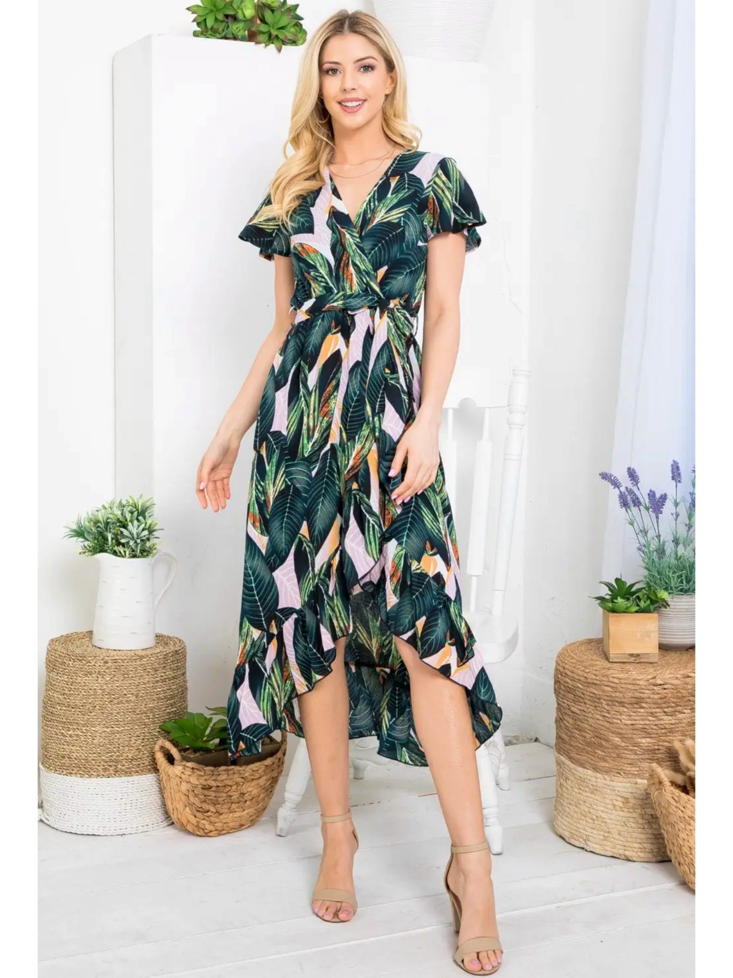 LA SOUL Tropical Leaf Print Faux Wrap Dress Midi Short Sleeve Tie Belt