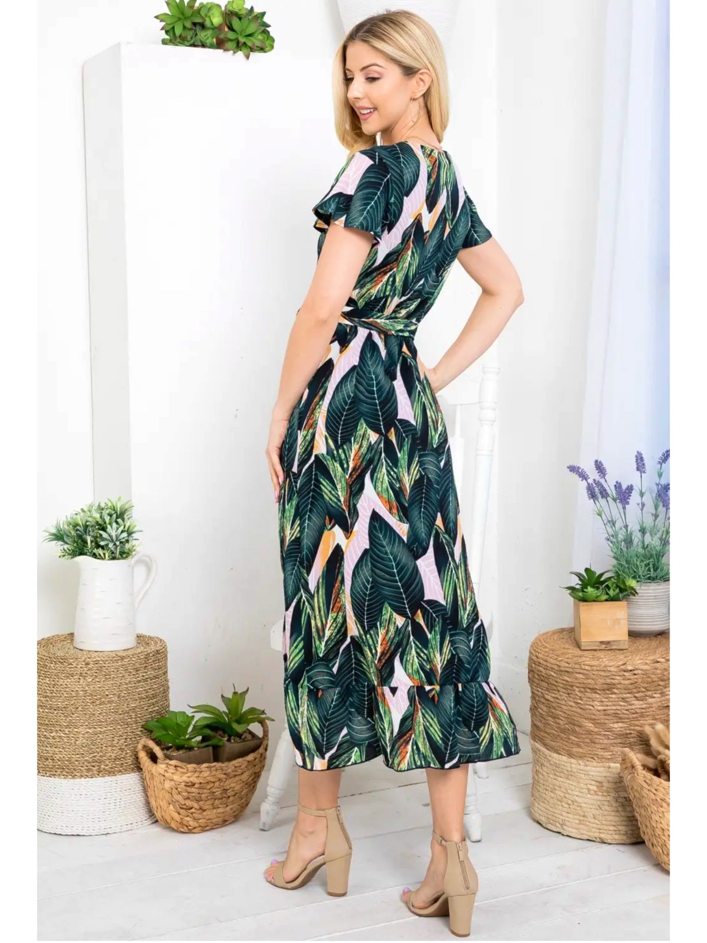 LA SOUL Tropical Leaf Print Faux Wrap Dress Midi Short Sleeve Tie Belt