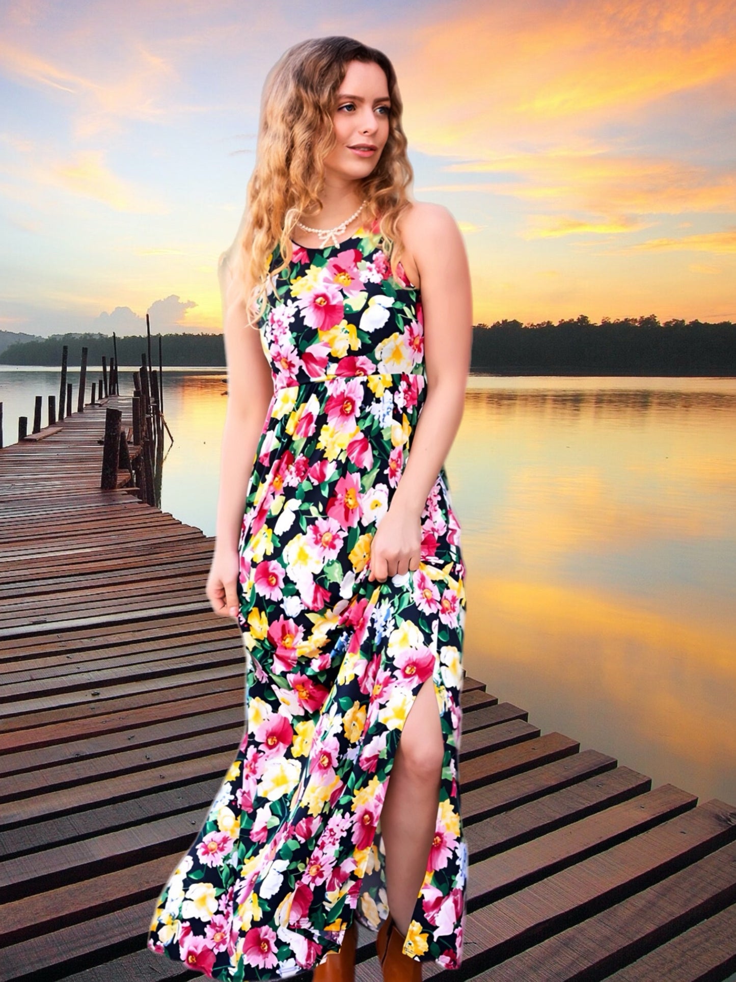 Beeson River Garden Flower Floral Slit Maxi Dress Multi-Color (S-XL)