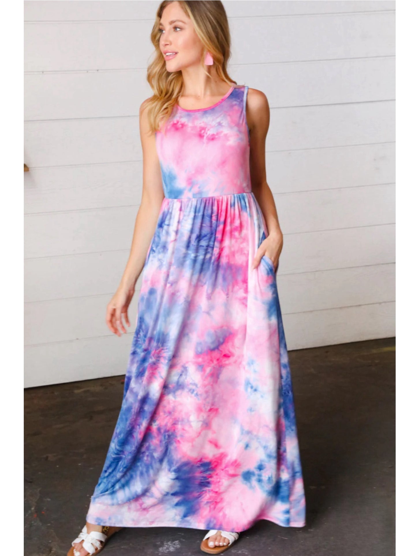 HAPTICS Pink & Blue Tie Dye Fit And Flare Sleeveless Maxi Dress Medium Only