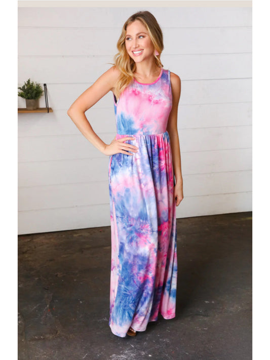 HAPTICS Pink & Blue Tie Dye Fit And Flare Sleeveless Maxi Dress Medium Only